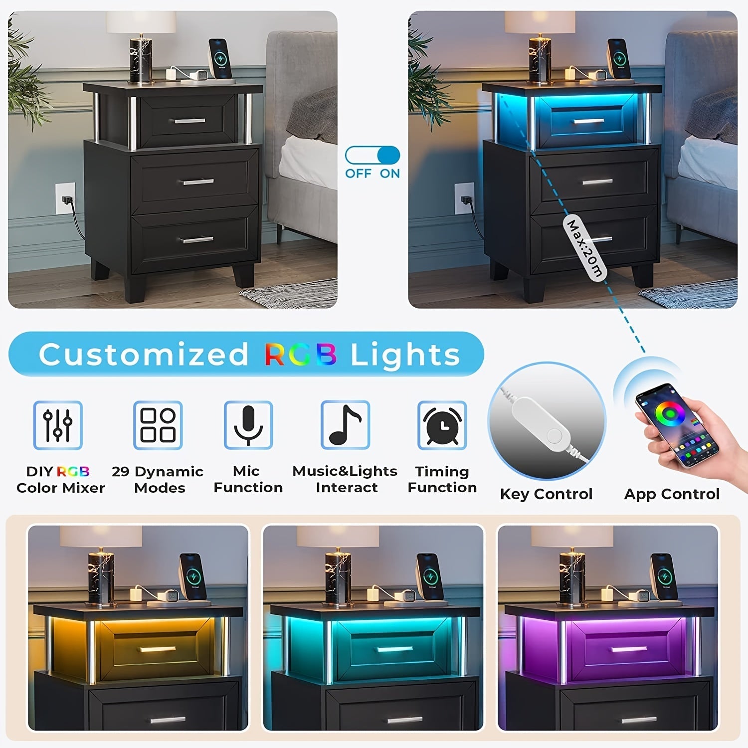 RGB LED Nightstand With 3 Drawers Bedside Table End Side Table For Bedroom, Office, Living Room Black