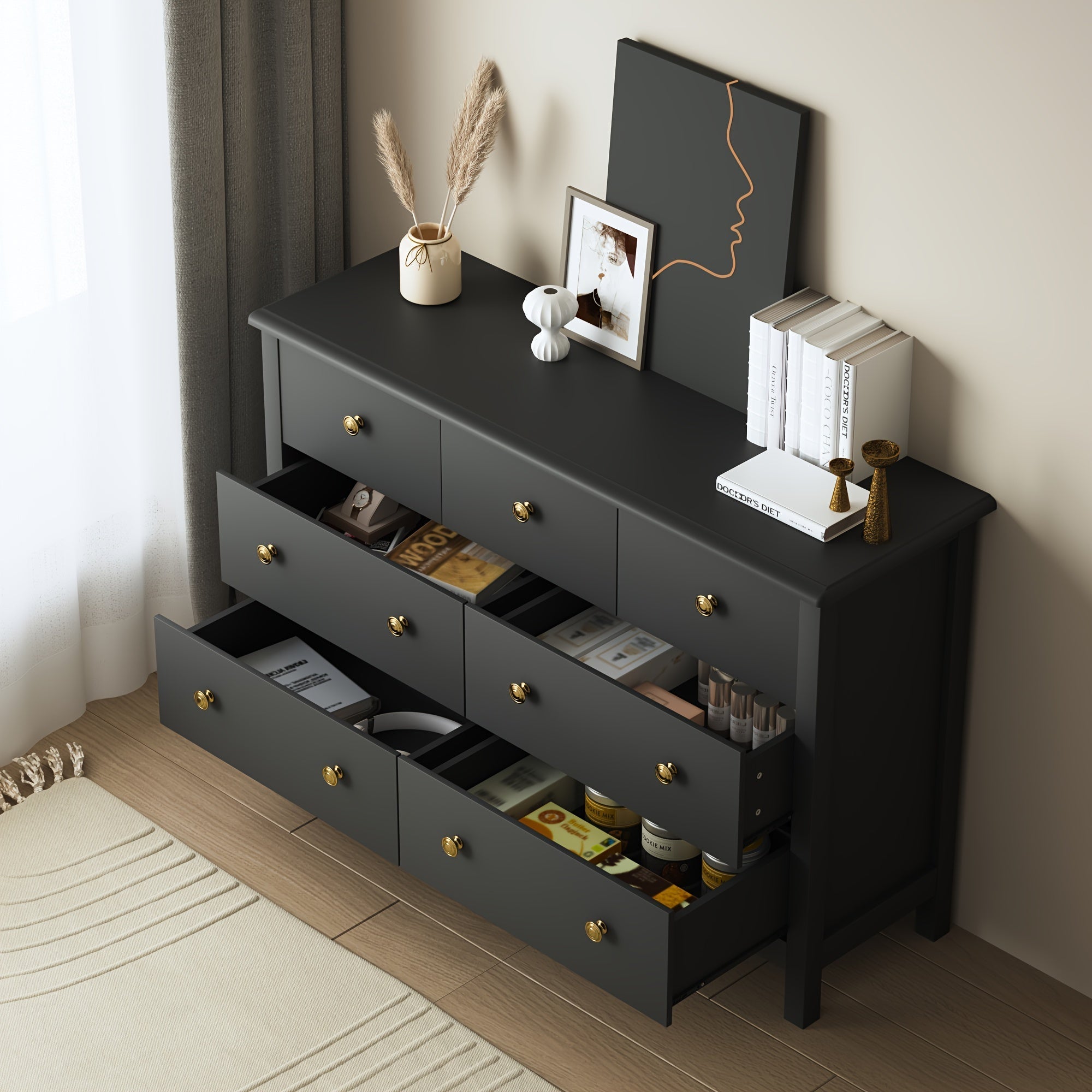 Dresser With 7 Drawers Dresser For Bedroom Modern Double Dresser With Wide Drawer And Metal Handles Wood Dressers &