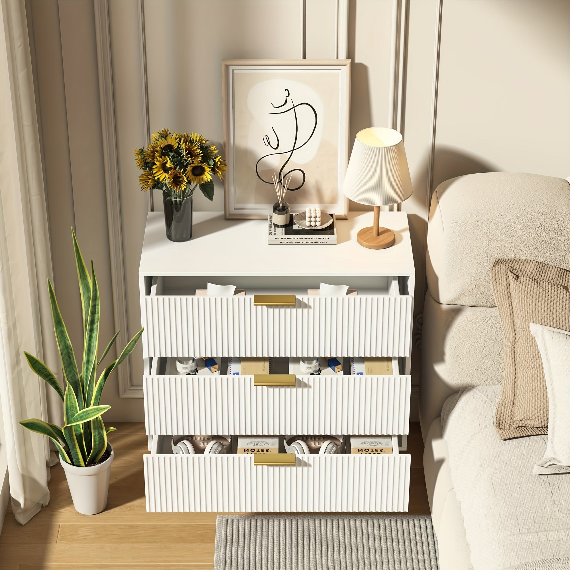 Fluted Accent 3 Drawer Dresser Mid Century Modern Chest of Drawers with Wide Drawers Metal Legs Storage Dressers Chest