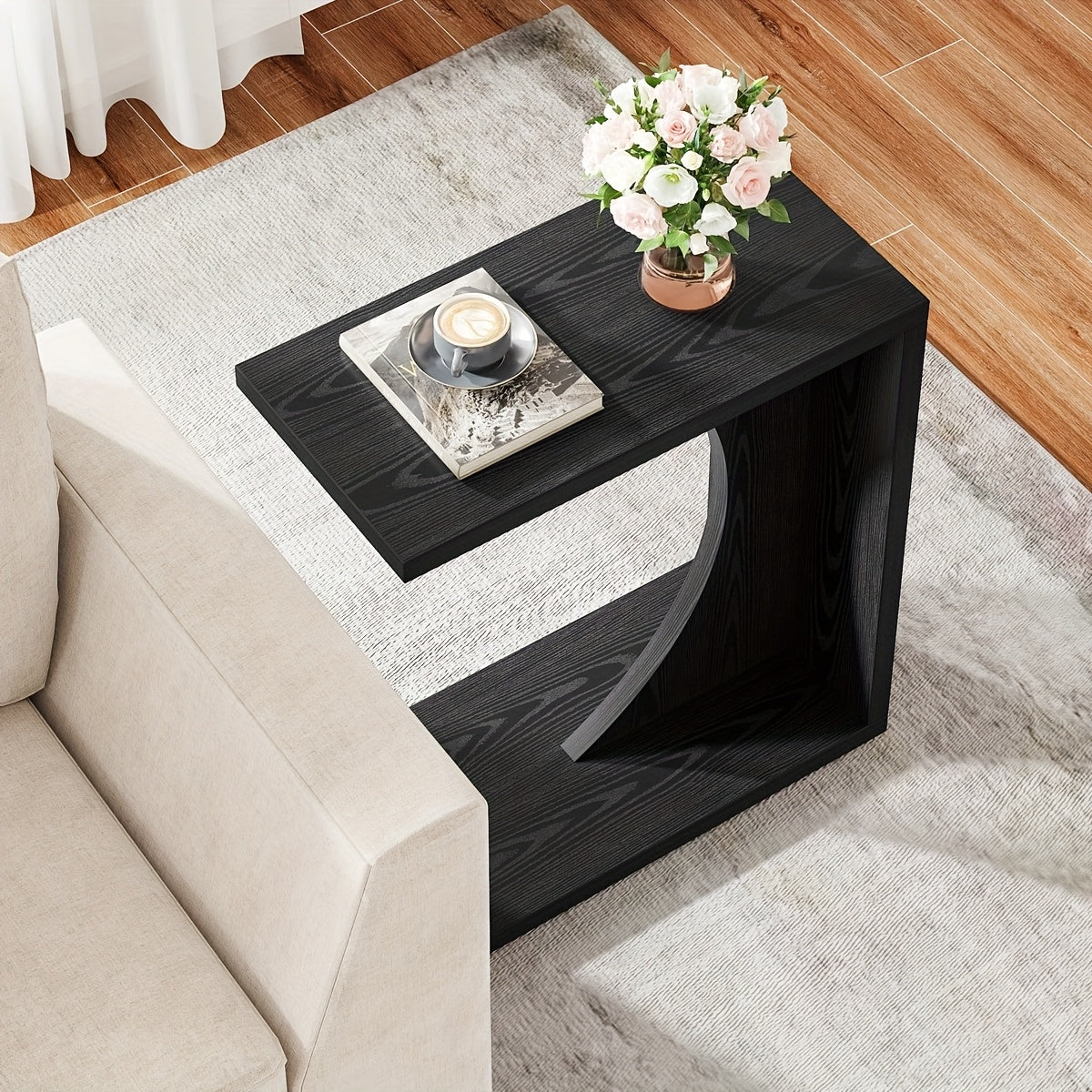 Modern Black C-Shaped End Table - Compact Side Table for Small Spaces, Adjustable Feet, Easy Assembly & Cleaning