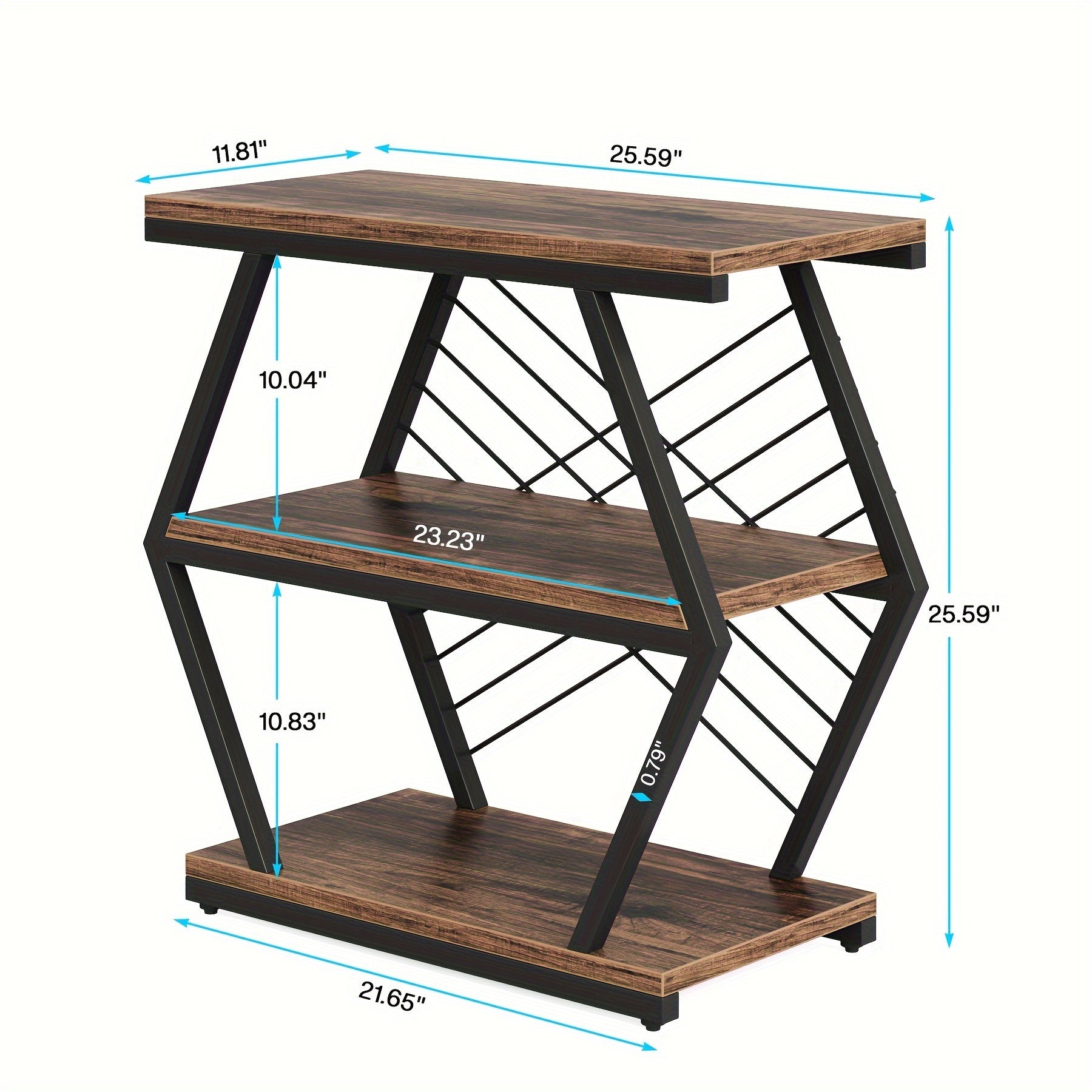 25 inch Rectangular End Table, Industrial Side Table with 3-Tier Storage Shelves, Wood Sofa Side Table with Geometric Metal Frame for Living Room Bedroom, Black Brown