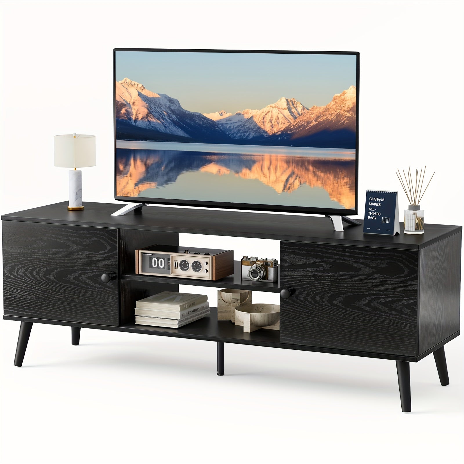 Mid-Century Modern TV Stand With Storage, Entertainment Center For 55-60 Inch TV, Media Console Table With Adjustable Shelf, Wooden TV Cabinet For Living Room, Bedroom Or Office, 2 Cabinet Television Stand