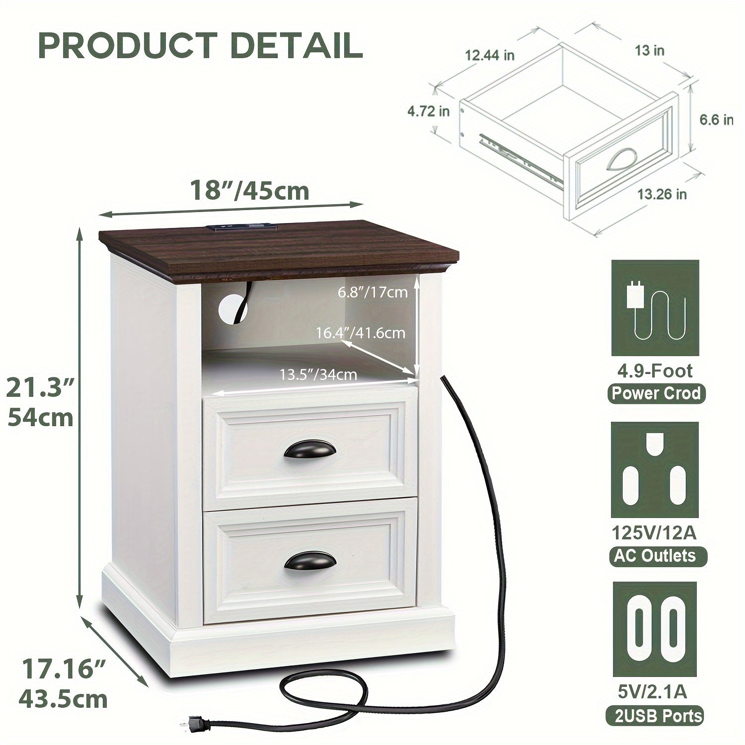 Nightstand with Charging Station, 2 Drawer Dresser for Bedroom, Small Wood Rustic Dresser with Drawers, End Table w/Open Shlef, Side Table for Bedroom, Living Room, Closet