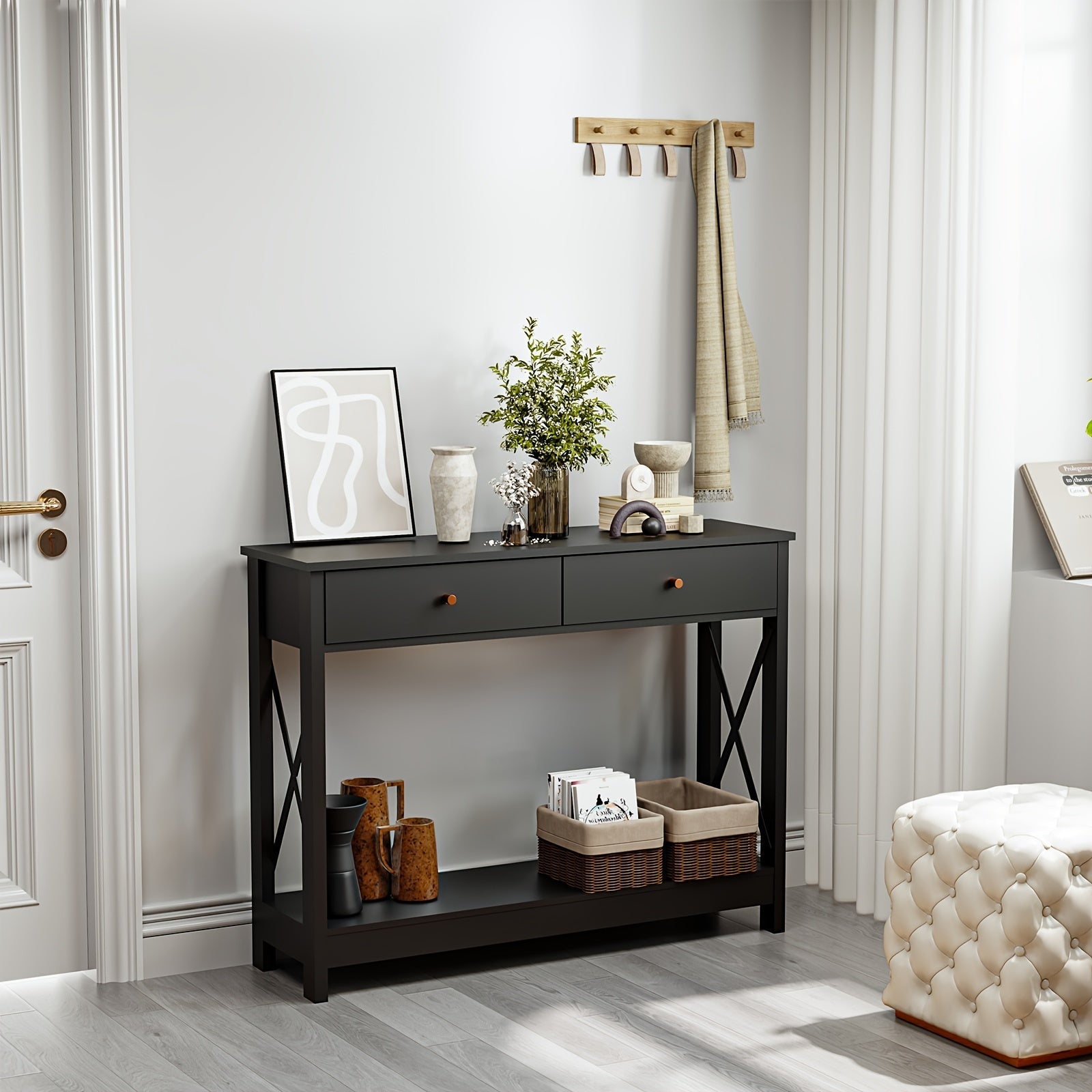 Console Table With Drawers, Wood Farmhouse Narrow Entryway Table With Storage Shelf, Black Sofa Table For Living, Hallway, Front Hall, Foyer