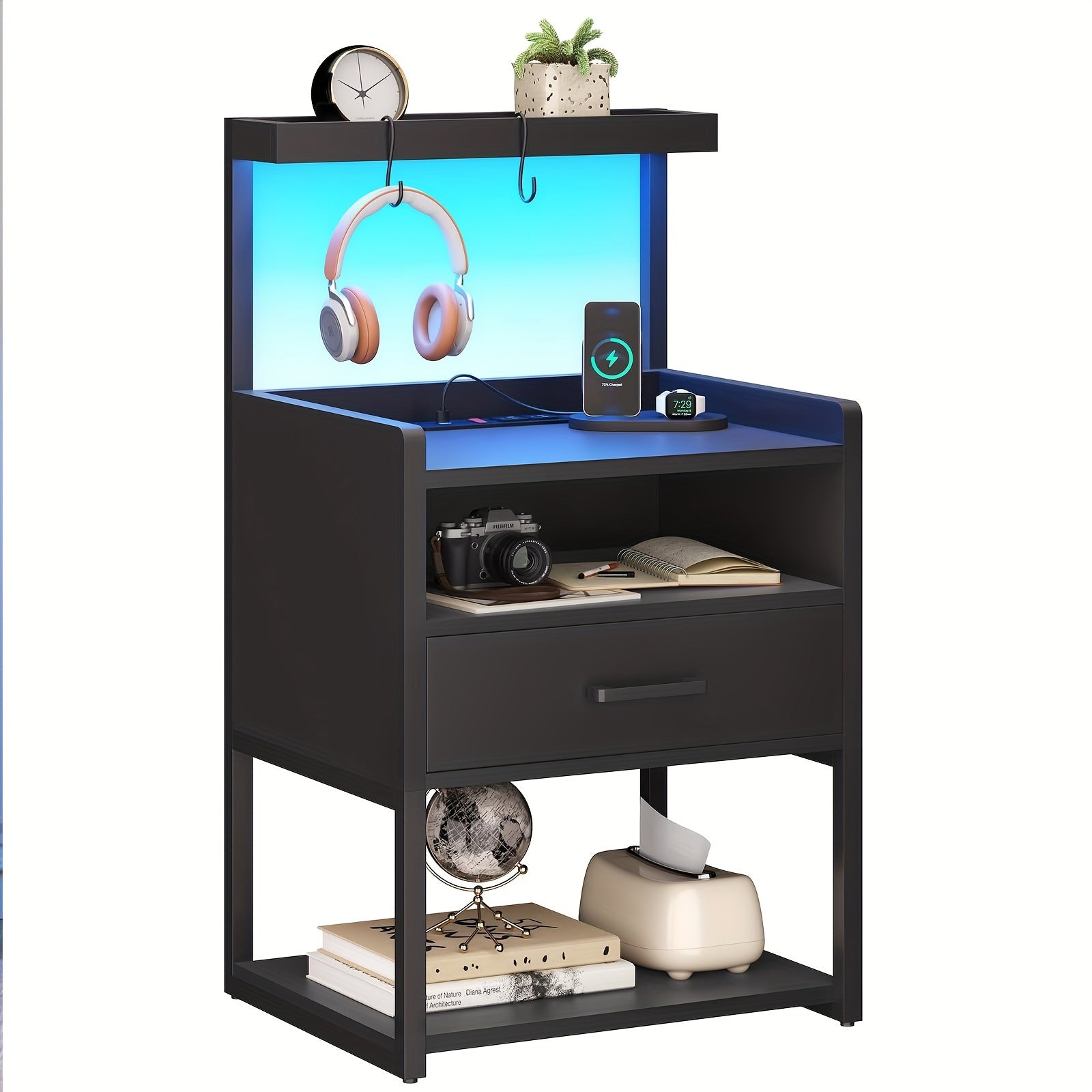 Nightstand With LED Lights Black Night Stand With Drawer Modern End Side Table With Open Storage Shelves Bedside Tables