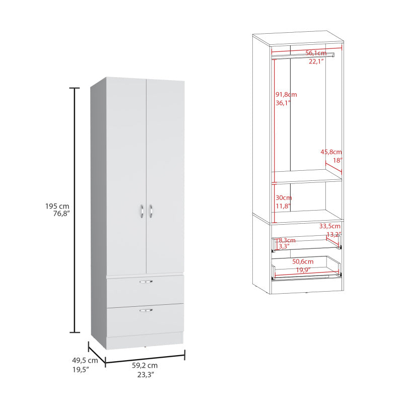 76" High Armoire Wardrove Closet with 2 Drawers Double Door Cabinet One Shelf and Hanging Rod Bedroom Clothes Storage Cabinet Organizer, Storage Drawer Units