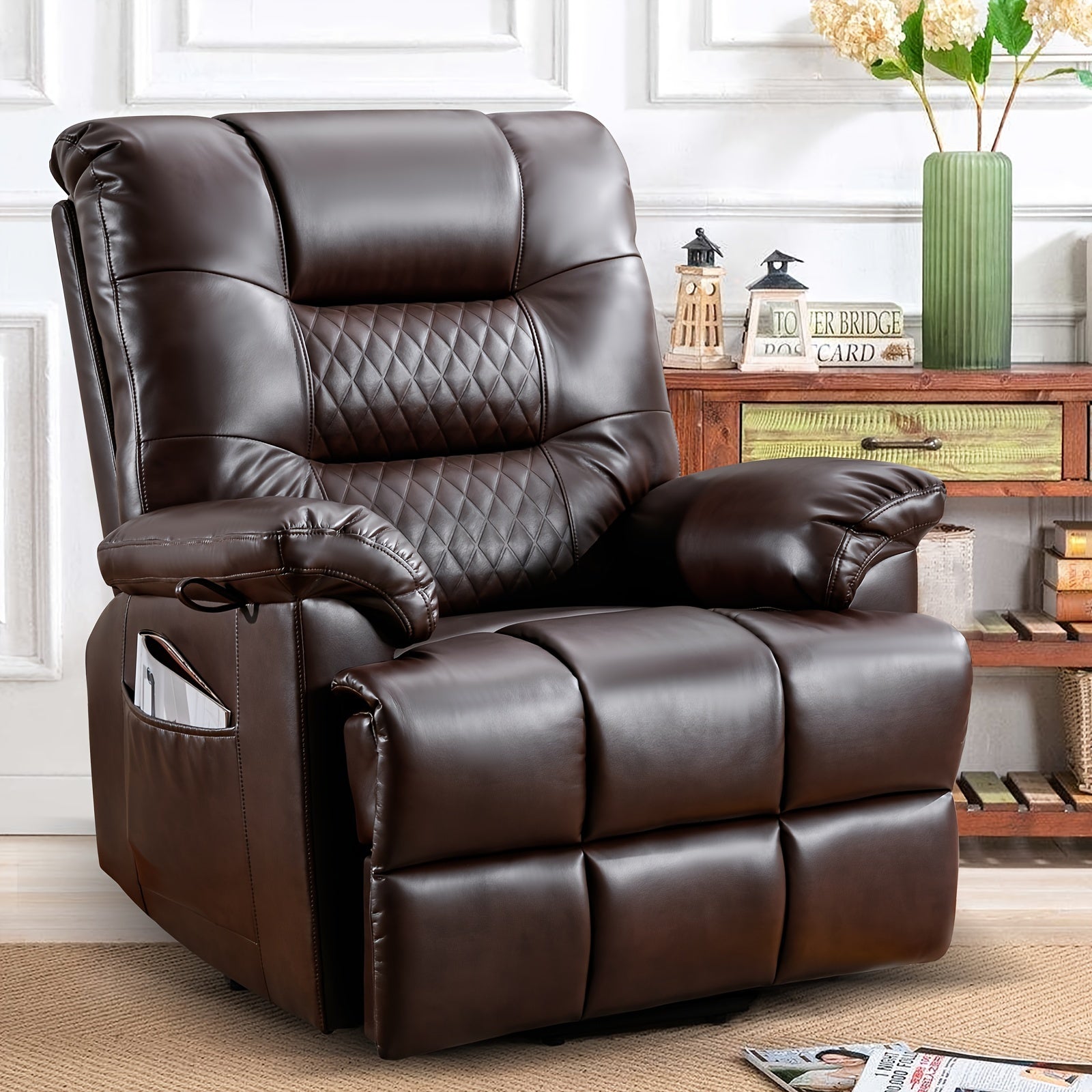 Consofa PU Recliner With Vibration Massage & Heat Function, Heavy Duty Recliner With Infinite Position, Remote Control, 3 Positions (Brown)