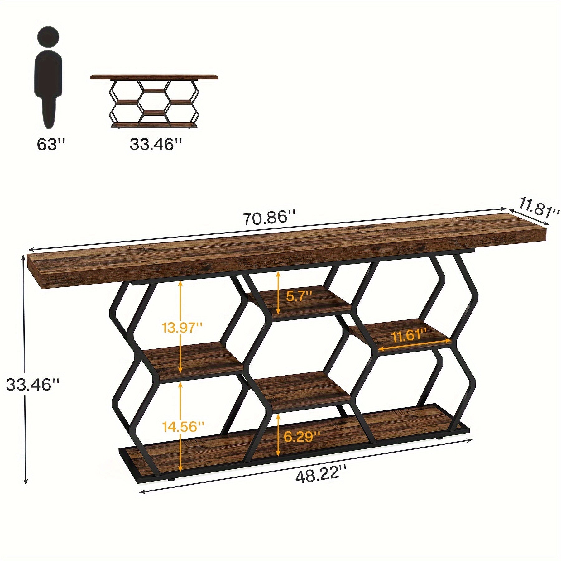 70.9" Extra Long Console Table With Shelves, Narrow Sofa Table Behind Couch With Storage, Industrial Entryway Table TV Stand Accent Table For Living Room Hallway Foyer, Rustic Brown & Black