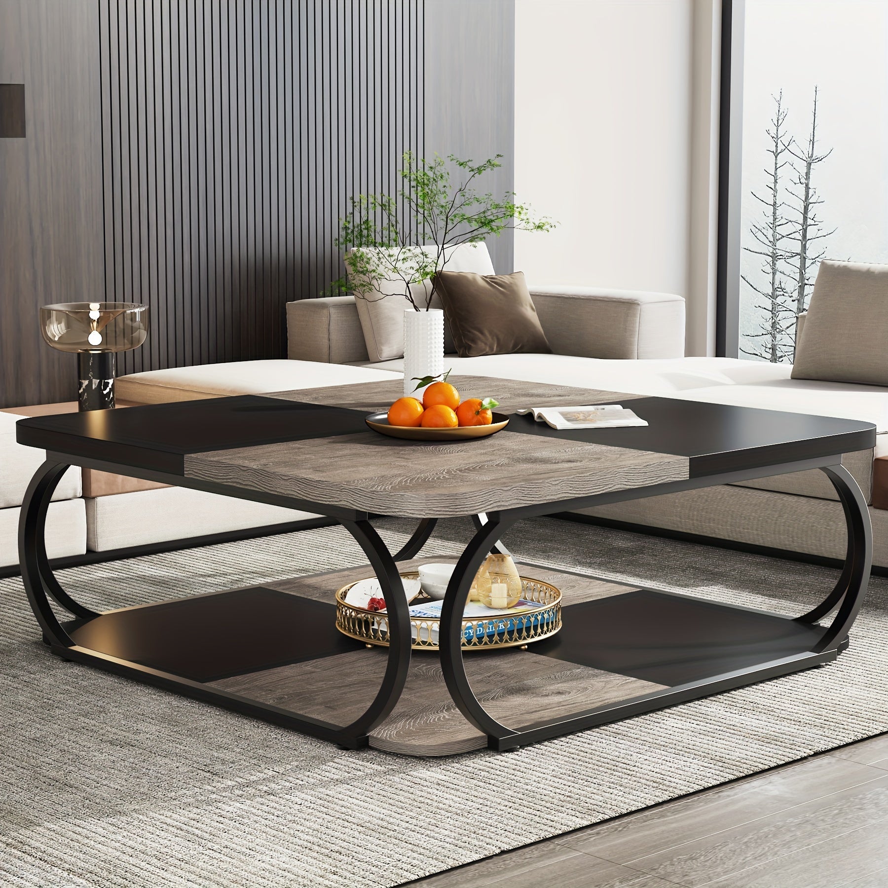 Coffee Table With Open Storage Shelf For Living Room 39 Inch Large Wood Center Table Square Low Coffee Tables 2 Tier