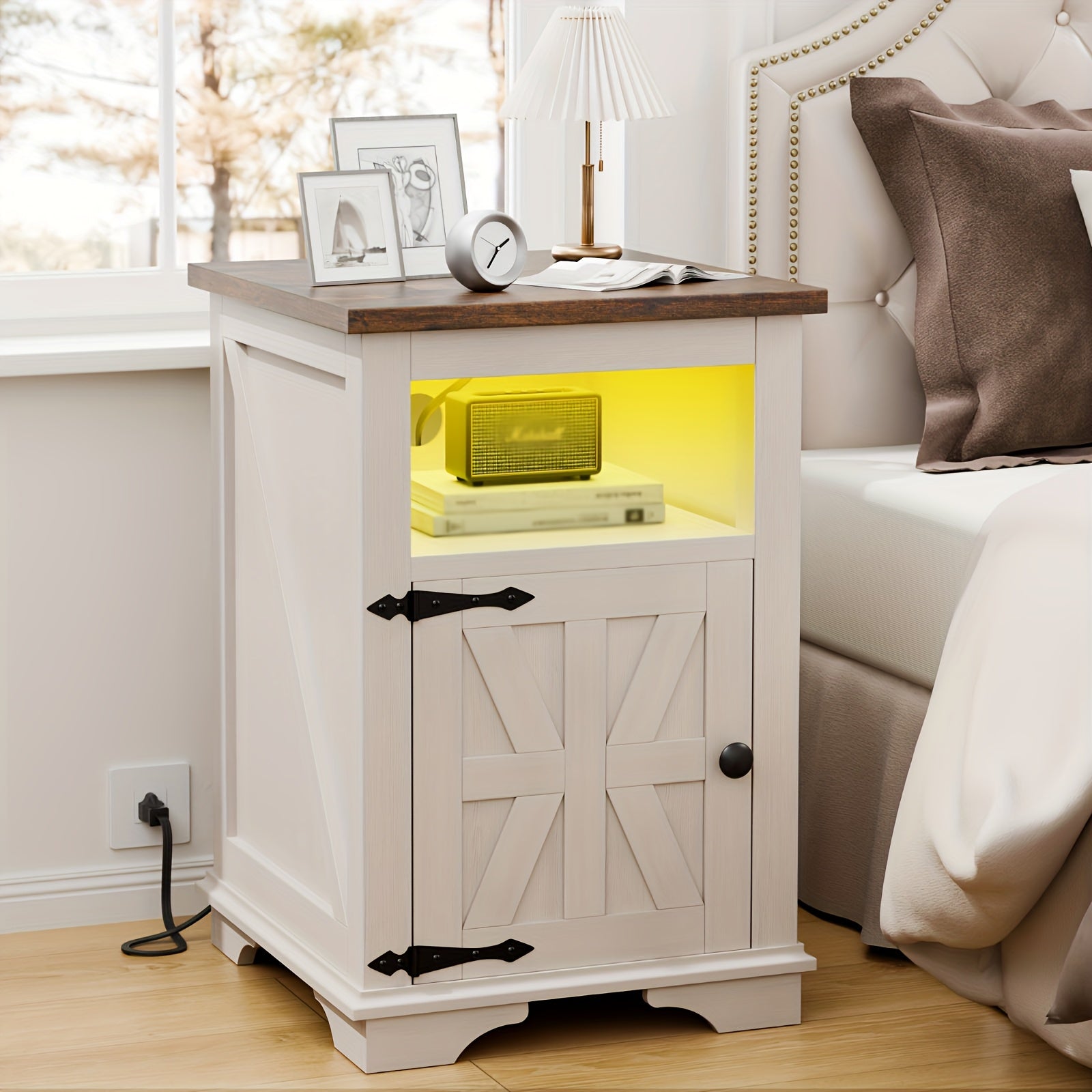 Farmhouse LED Nightstand With Charging Station, End Table, Bedsidetable For Home Bedroom Living Room