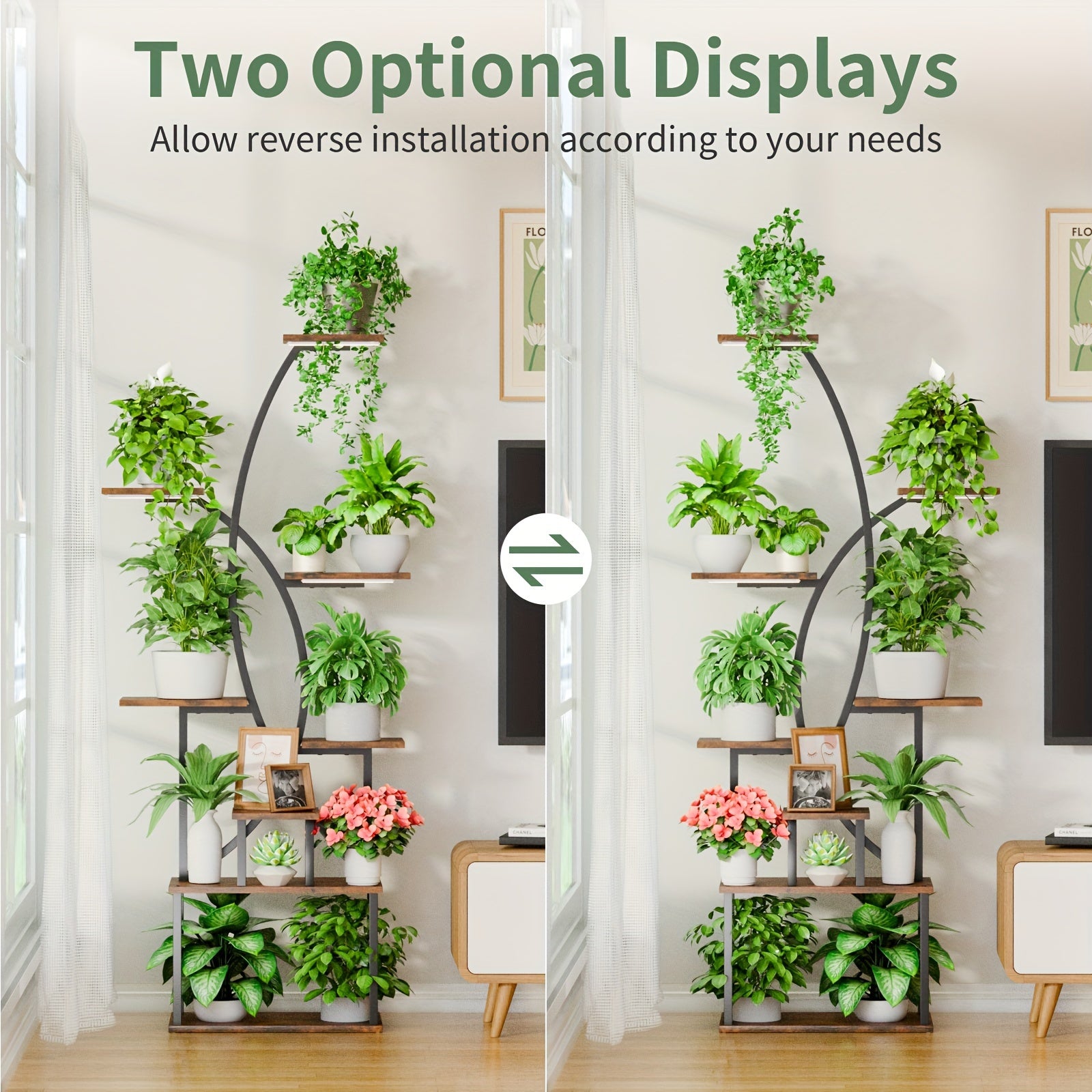 1pc Iron 8-Tier Indoor Plant Stand with Grow Light, 65" Tall Curved Metal Shelf for Multiple Plants, Irregular Shape Flower Display Rack for Living Room, Patio, Balcony