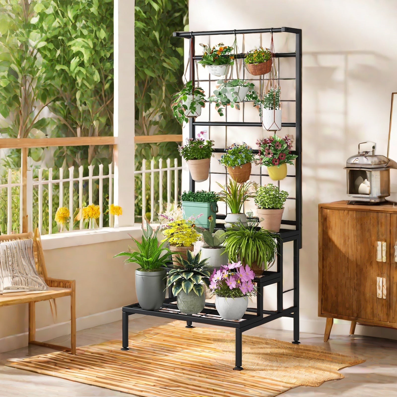 Plant Stand 3-Tier Hanging Shelves Flower Pot Organizer Multiple Flower Display Holder Indoor Outdoor Heavy Duty Potted Planter Rack Unit with Grid Panel, size 23.62 x 21.25 x 62.14 inches