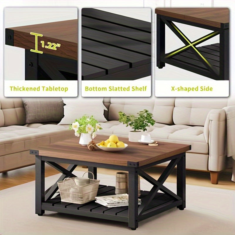 Farmhouse Square Coffee Table Wood Center Table End Table with Open Storage Shelf for Living Room Gray Wash - Walnut