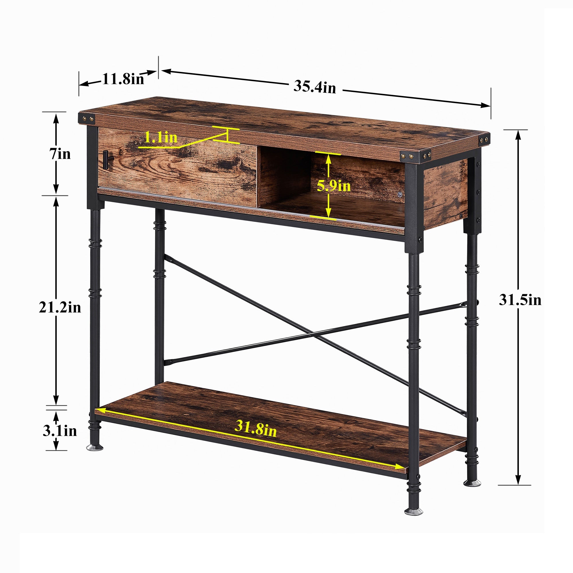 35.4 Inch Console Table with Slide Drawer and Storage Shelf, Stable Metal Frame, Brown