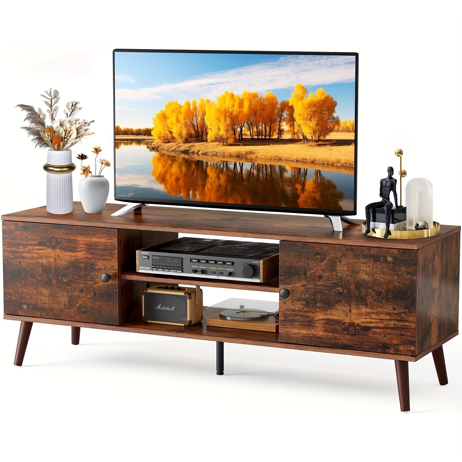 Mid-Century Modern TV Stand With Storage, Entertainment Center For 55-60 Inch TV, Media Console Table With Adjustable Shelf, Wooden TV Cabinet For Living Room, Bedroom Or Office, 2 Cabinet Television Stand