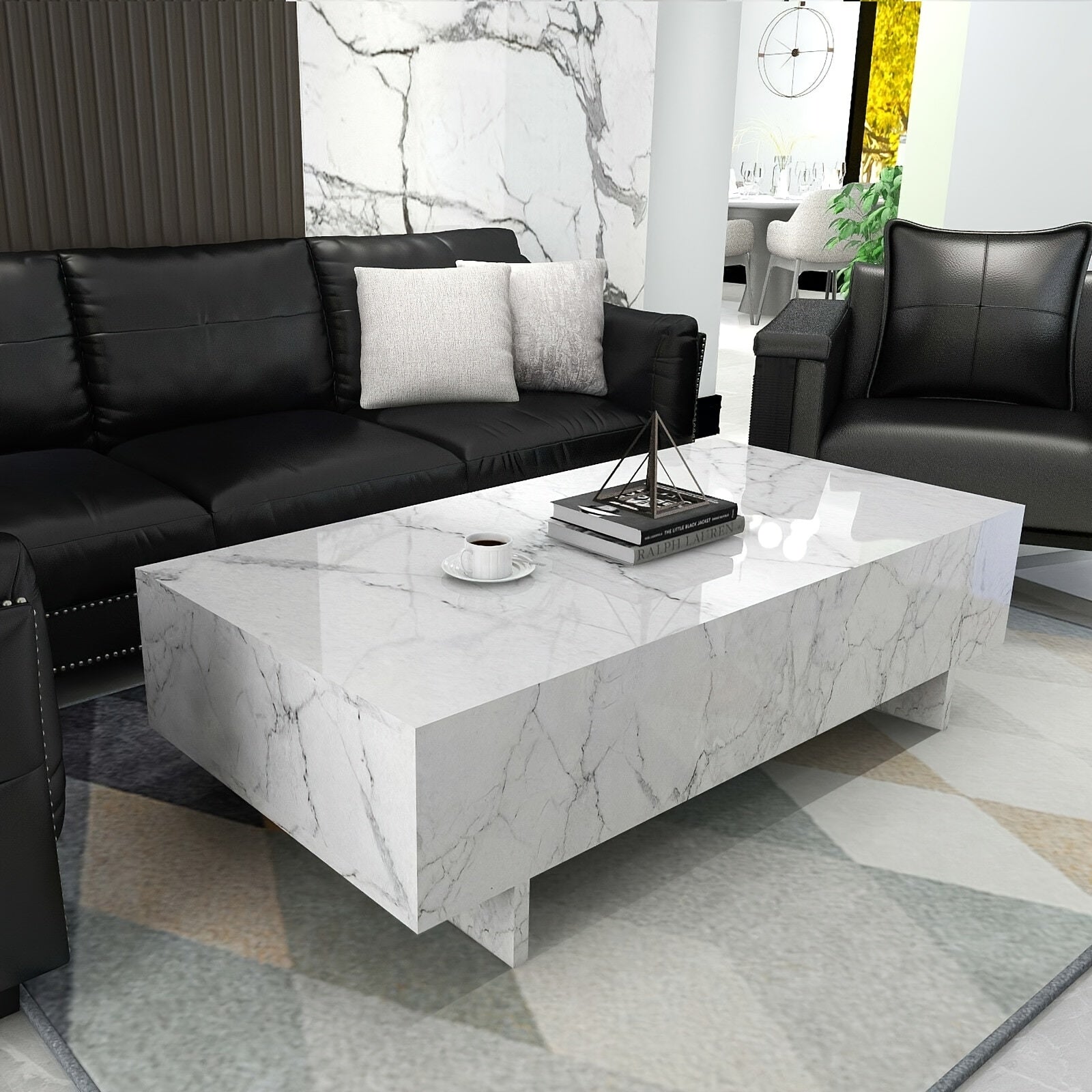 40 Inch Marble White Cool Coffee Table For Living Room, Rectangular Glossy Smart Contemporary Center Table For Waiting Area