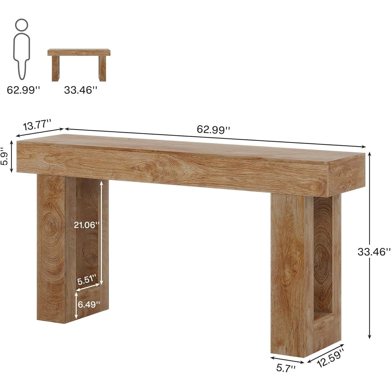 Modern 63" Rectangular Wooden Sofa Console Table, Weather Resistant, No Electricity Needed, with Hardwood, for Living Room, Hallway, Entryway