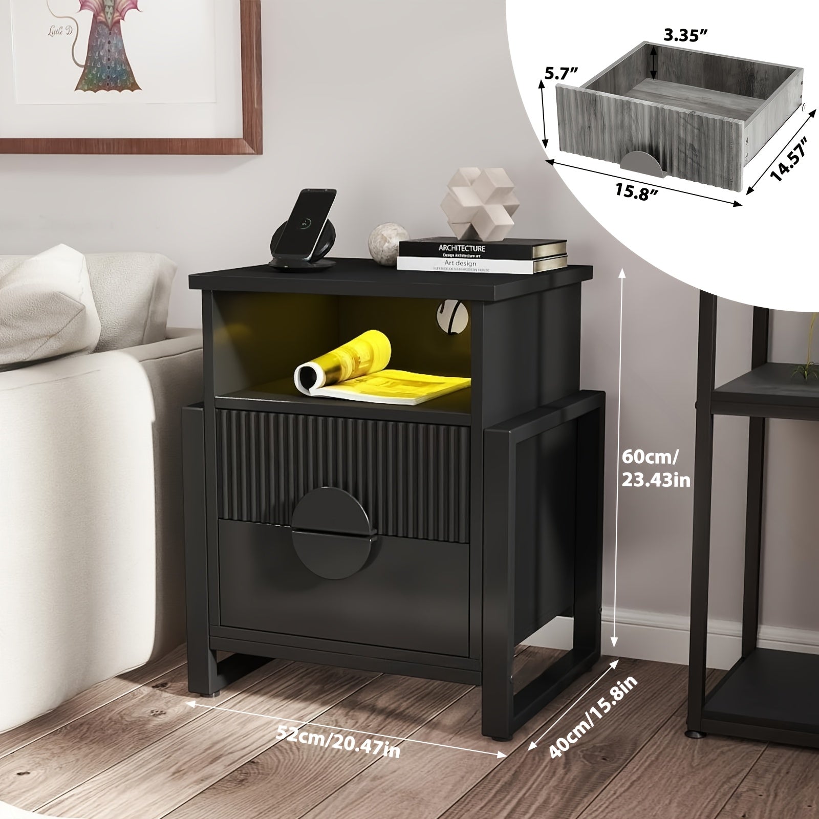 Black Bedroom Nightstand with Charging Station and LED Light, 2-Drawer Fluted Dresser End Table with Storage Shelf, Metal Frame Legs, Ideal for Living Room Sofa