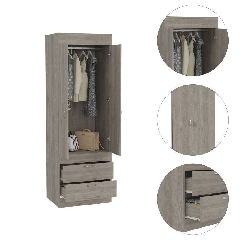 Armoire Rod Double Door Two Drawers Metal Handles Light Gray