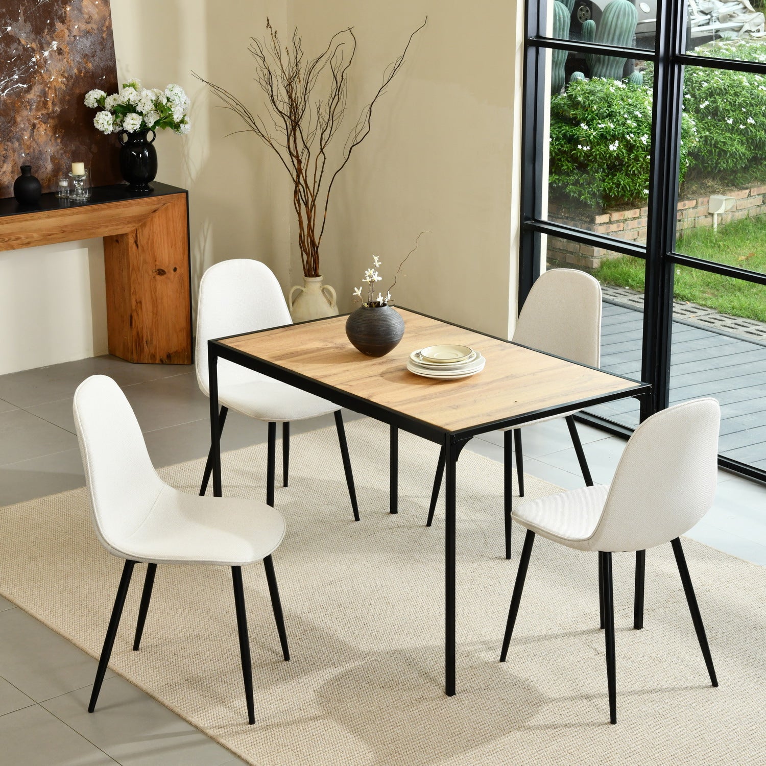 Modern 5-Piece Dining Set with Wood Top Table and Upholstered Chairs – Natural Wood or Walnut Finish Beige Chairs Black
