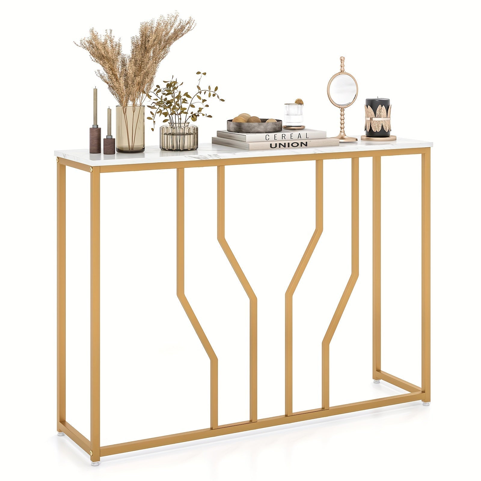 1pc 44" Golden Console Table With Faux Marble Tabletop Golden Metal Frame For Entrance