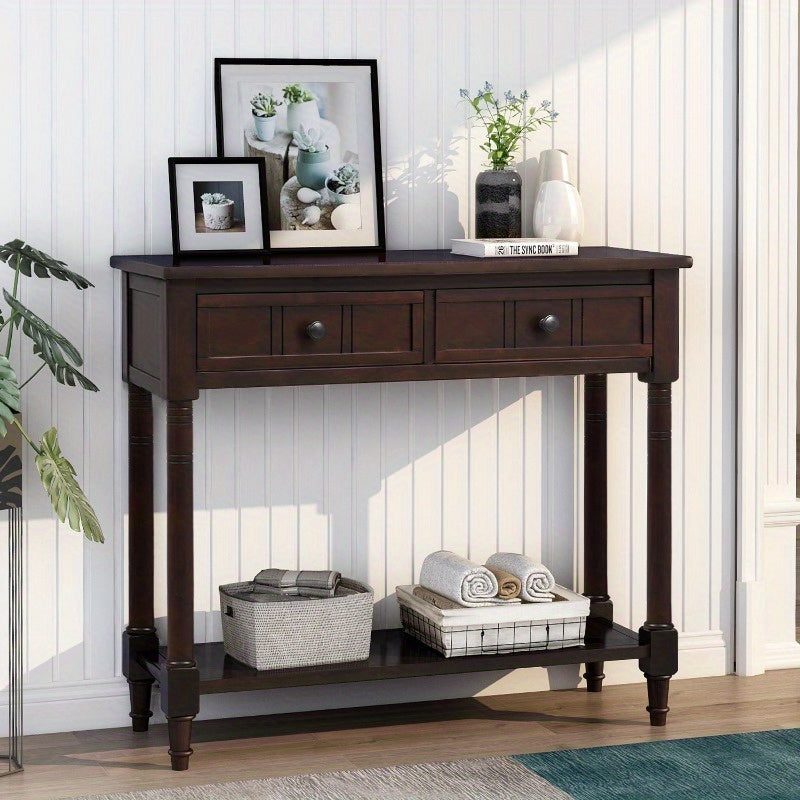 Modern Metal Console Table with Two Drawers and Bottom Shelf, Sturdy & Stylish Leg Base, No Wood, Elegant Space-Saving Solution, with Espresso Finish for Entryway, Living Room