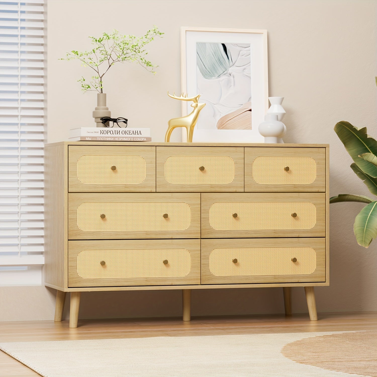 Rattan 7 Drawer Dresser For Bedroom, Wood Boho Double Chest Of Drawers With Storage And Gold Handle