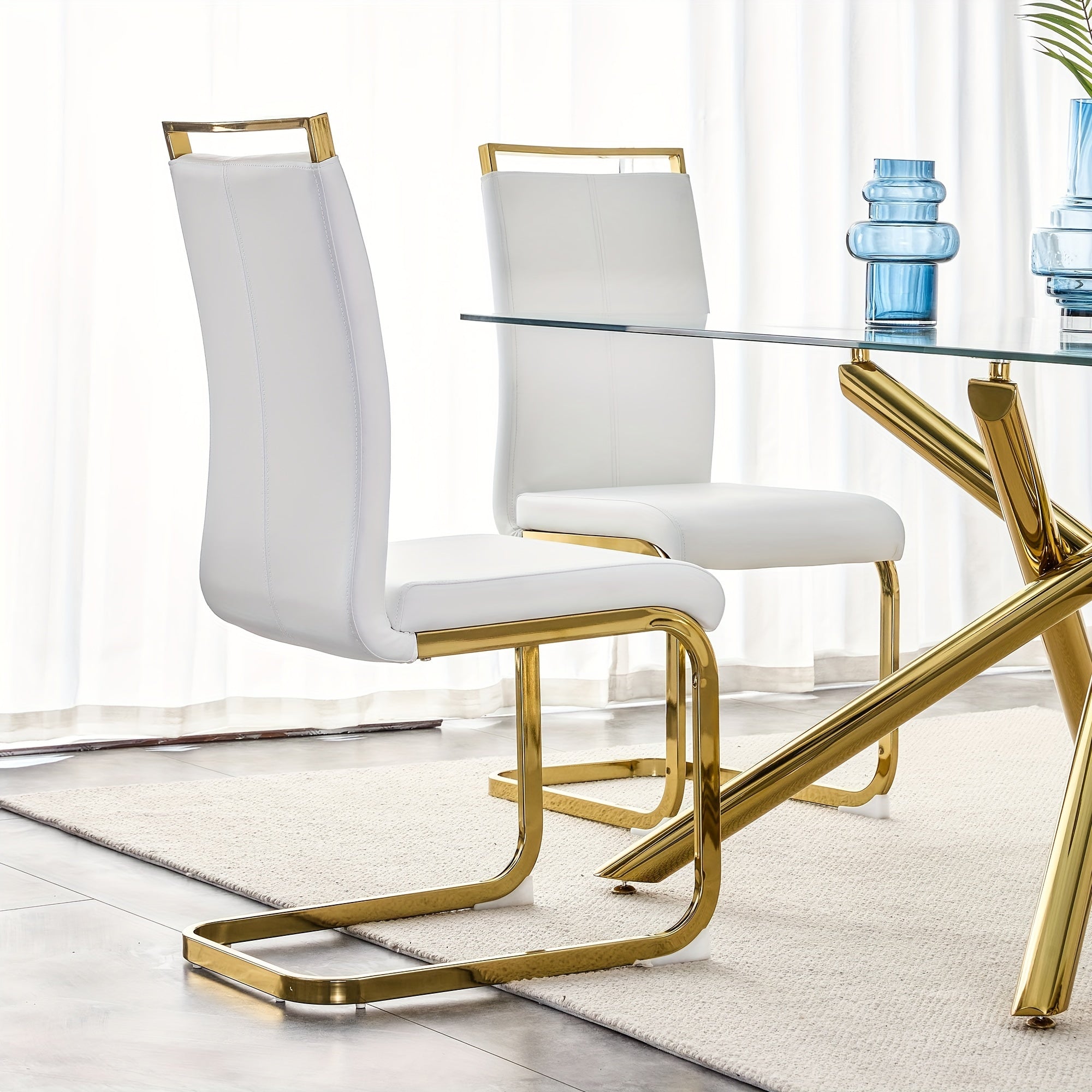 Modern Dining Chair, PU Artificial Leather High Back Soft Cushion Edge Chair, with Golden C-shaped Tube Chrome Metal Legs, for Restaurant Kitchen Vanity Club Guest Office Chair 2pcs Set White+PU