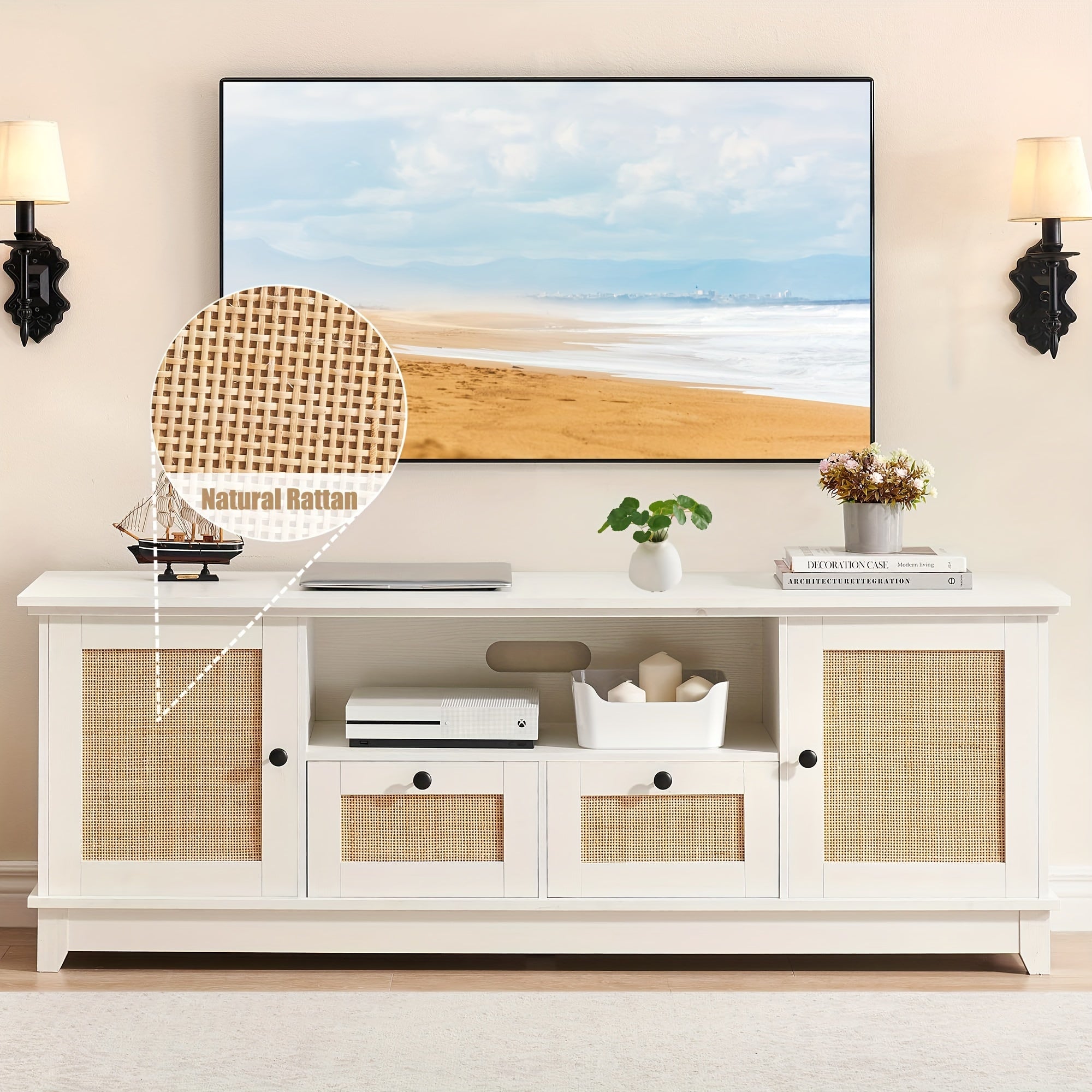 White Rattan TV Stand For 65 Inch TV, Modern Console Table With Storage For Living Room, Entertainment Center Cabinet 63 X 16 X 23 Inches, Mid Century Modern Wood TV Stand