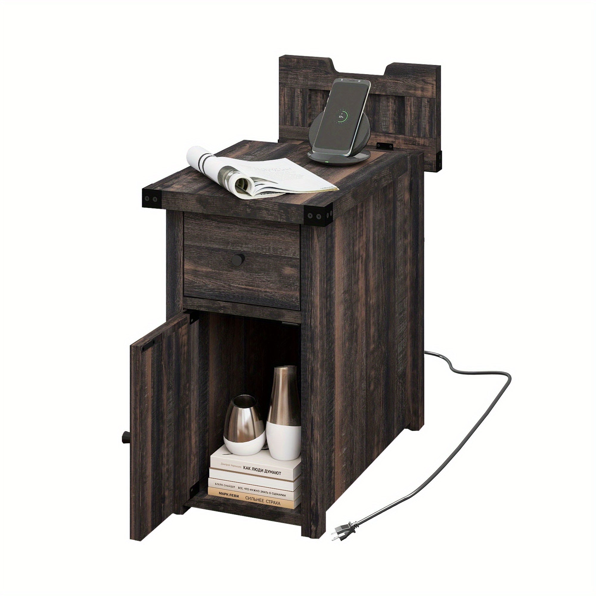 Rustic Farmhouse Charging End Table with Drawer - Space-Saving Nightstand for Bedroom, Contemporary X-Design with USB Ports & Outlets, Perfect Holiday Gift