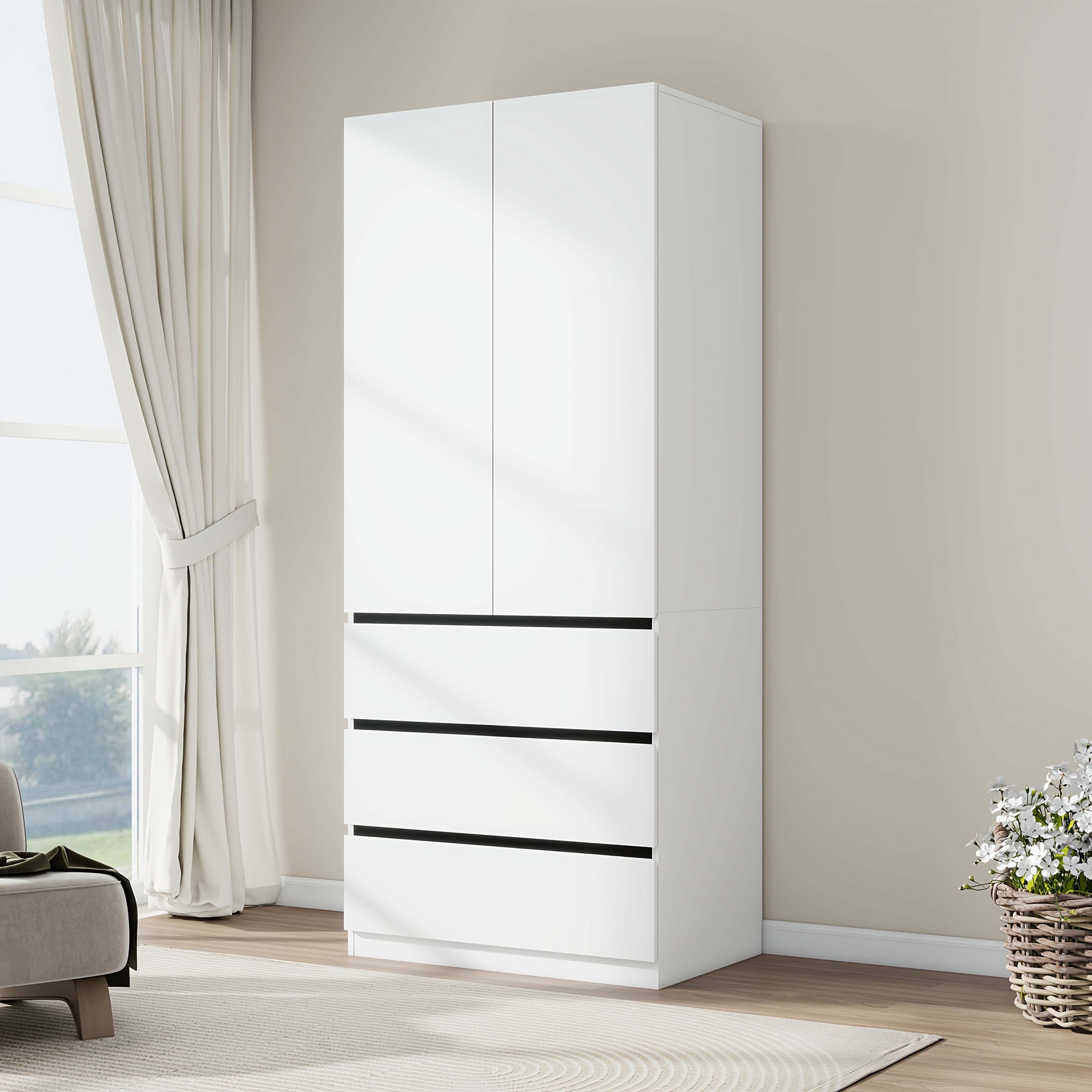 Bedroom Armoire Wardrobe Closet With 3 Drawers, 75" White Wardrobe Closet With 2 Doors, Modern Cabinet For Clothes With Shelves, Wood Closet For Hanging Clothes