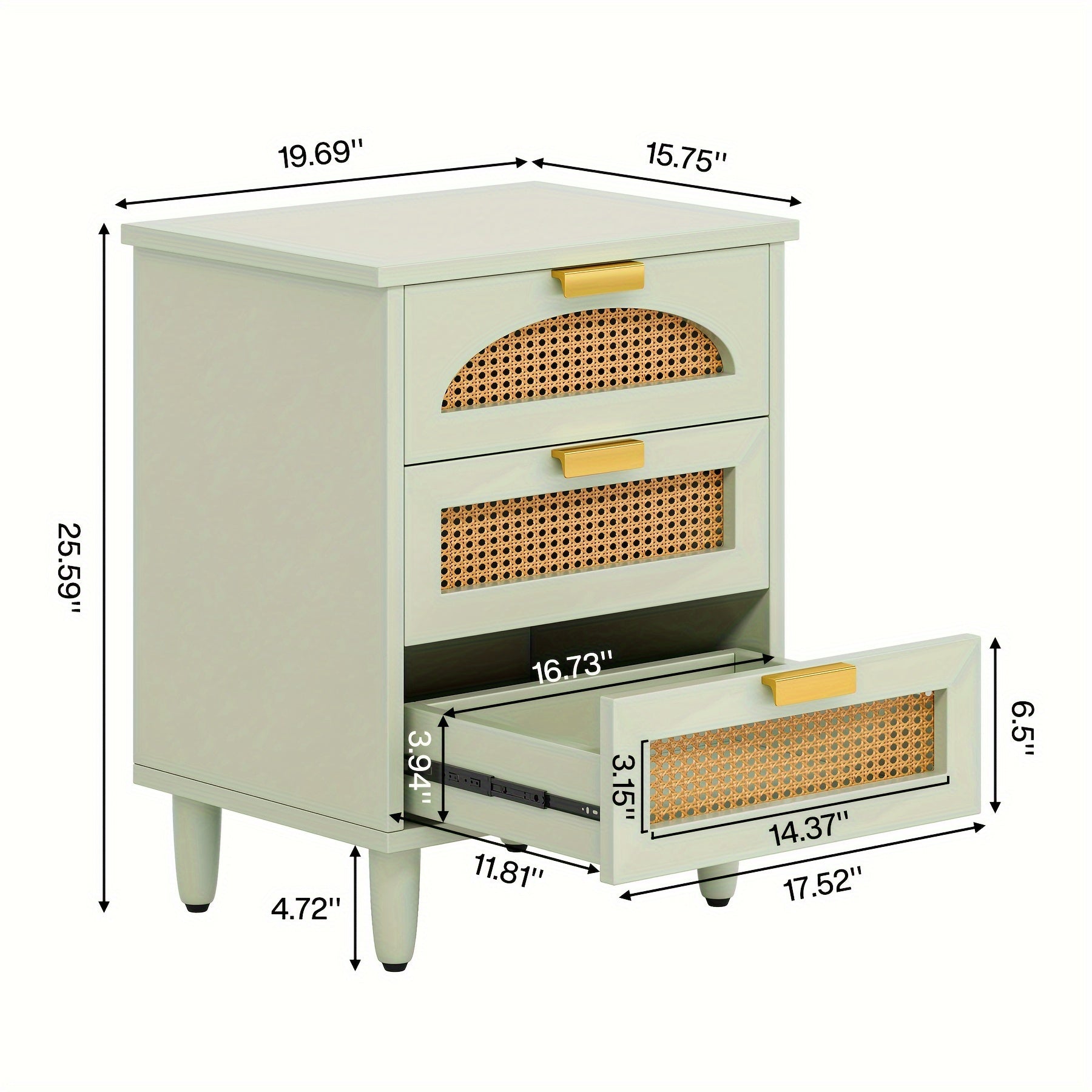 Charming Mint Green 3-Drawer Rattan Nightstand - Farmhouse Style Side Table with Ventilated Drawers, Durable Construction, Ideal for Bedroom & Living Room, Easy Assembly