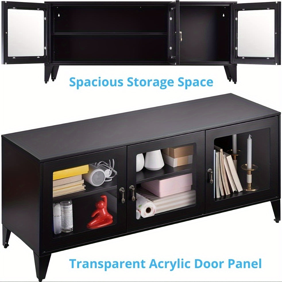 Metal TV Stand For TVs Up To 55inch, Black Entertainment Center For Living Room, Storage Cabinet With Acrylic Doors And Shelves, 3 Door