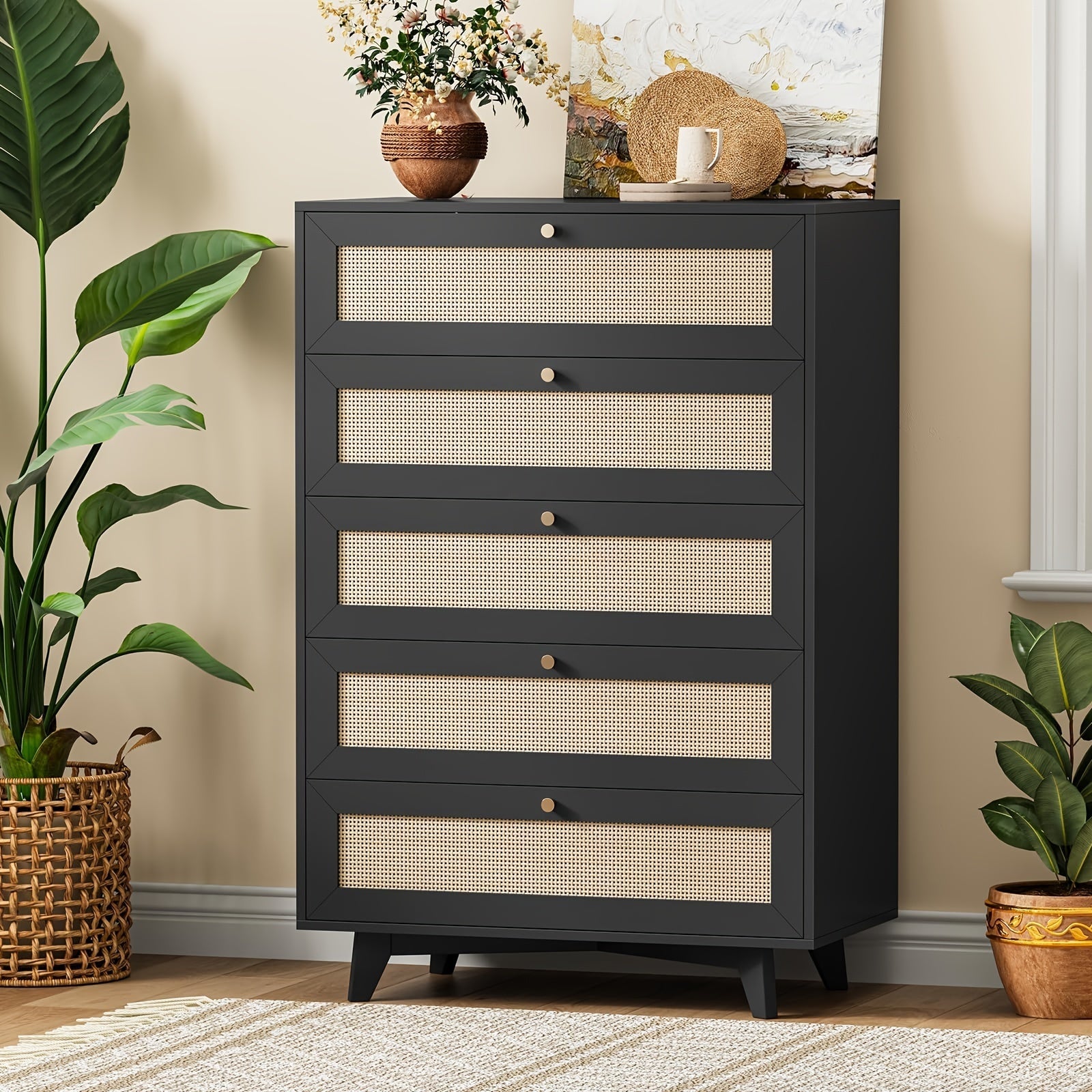 2 Colors Rattan Tall Dresser For Bedroom With 5 Drawer, Modern Double Wooden Tall Bedroom Dresser, Chest Of Drawers With Metal Handle & Solid Wood Legs For Bedroom/Living Room