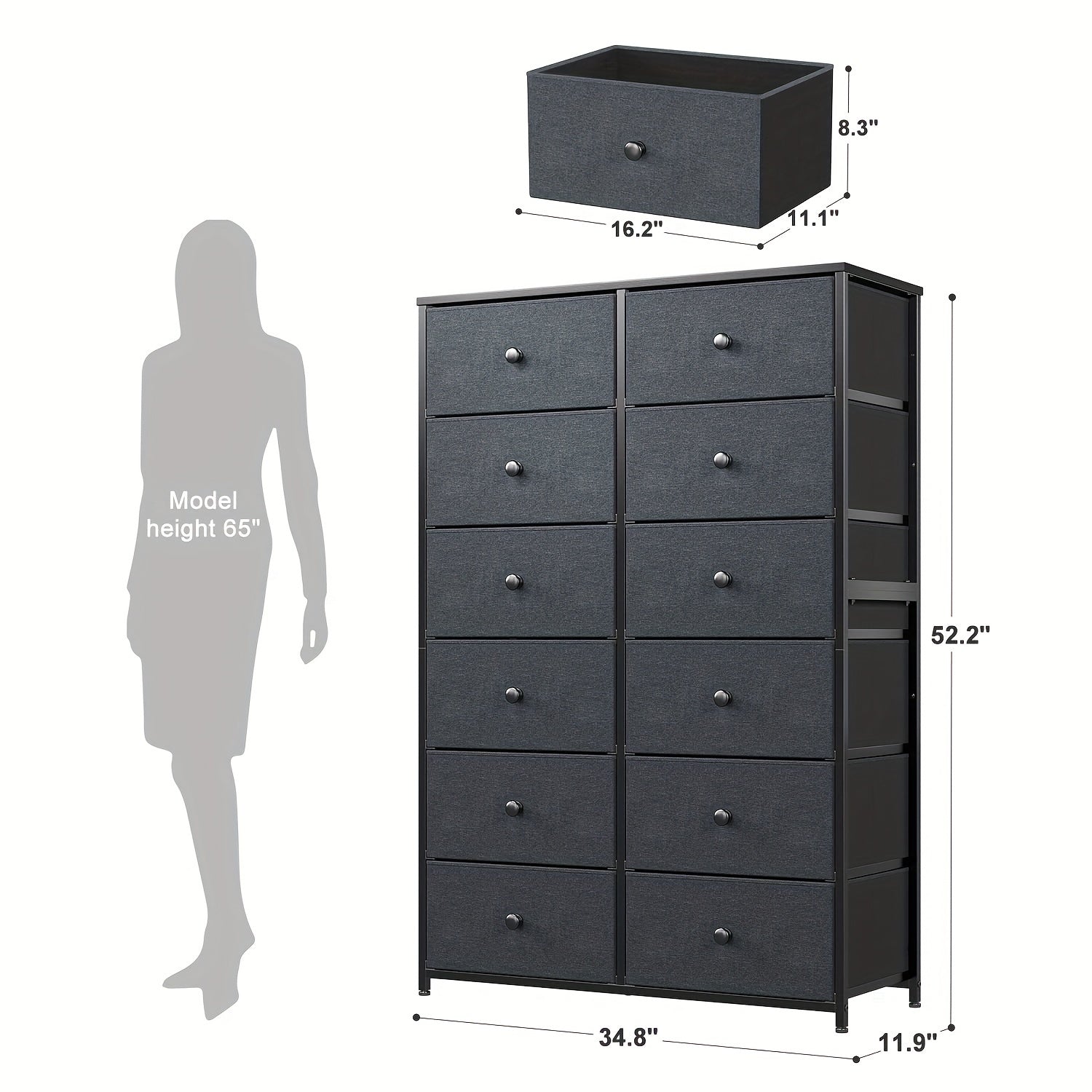 12 Drawer Dresser, Tall Dressers For Bedroom With Wooden Top And Metal Frame, Black Dresser & Chest Of Drawers For Bedroom, Closet Living Room, Black Grey, 11.9" D X 34.8" W X 52.2" H