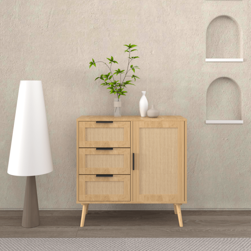 Chic Modern Rattan & Wood Dresser with Natural Woven Texture - 3-Drawer Storage Cabinet with Black Handles, Open Compartments for Bedroom, Living Room, Entryway - No Power Needed, Dresser for Bedroom