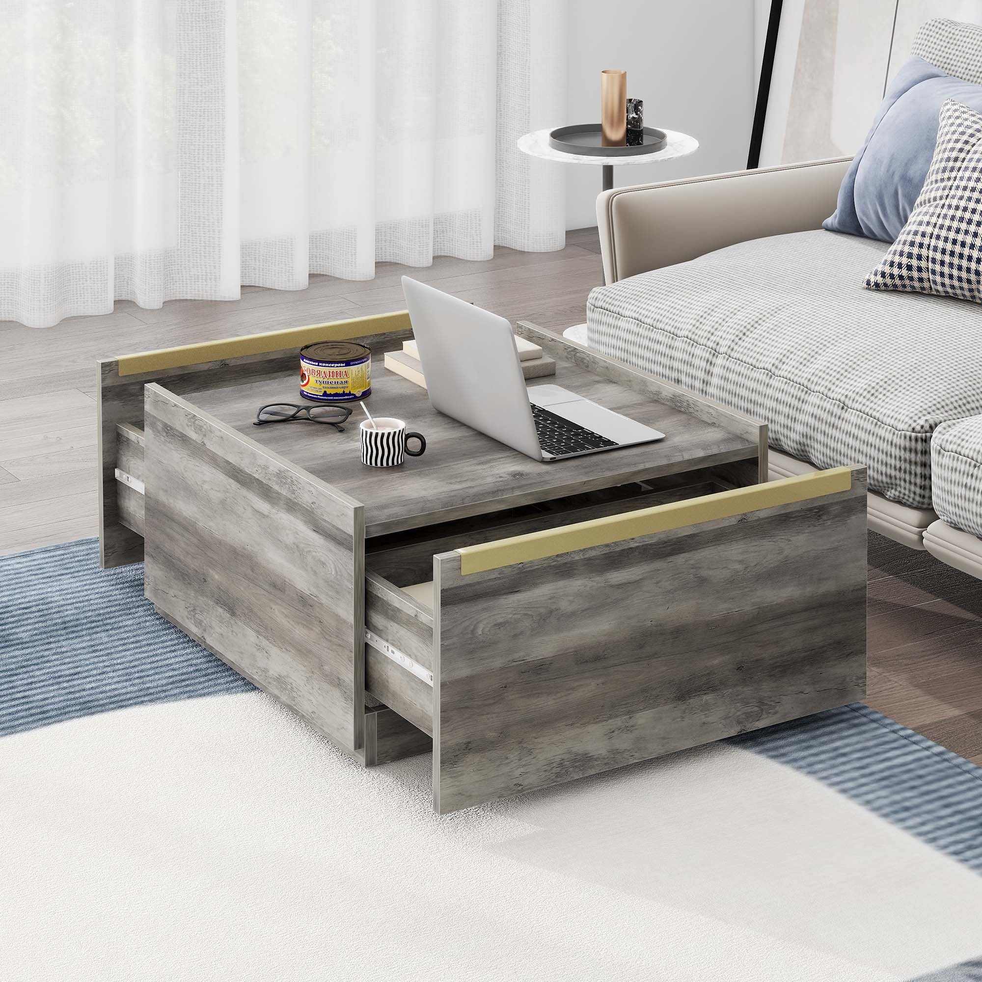Rustic Farmhouse Square Coffee Table with Hidden Drawers - Sturdy Wooden End Tables for Living Room Decor Portable &