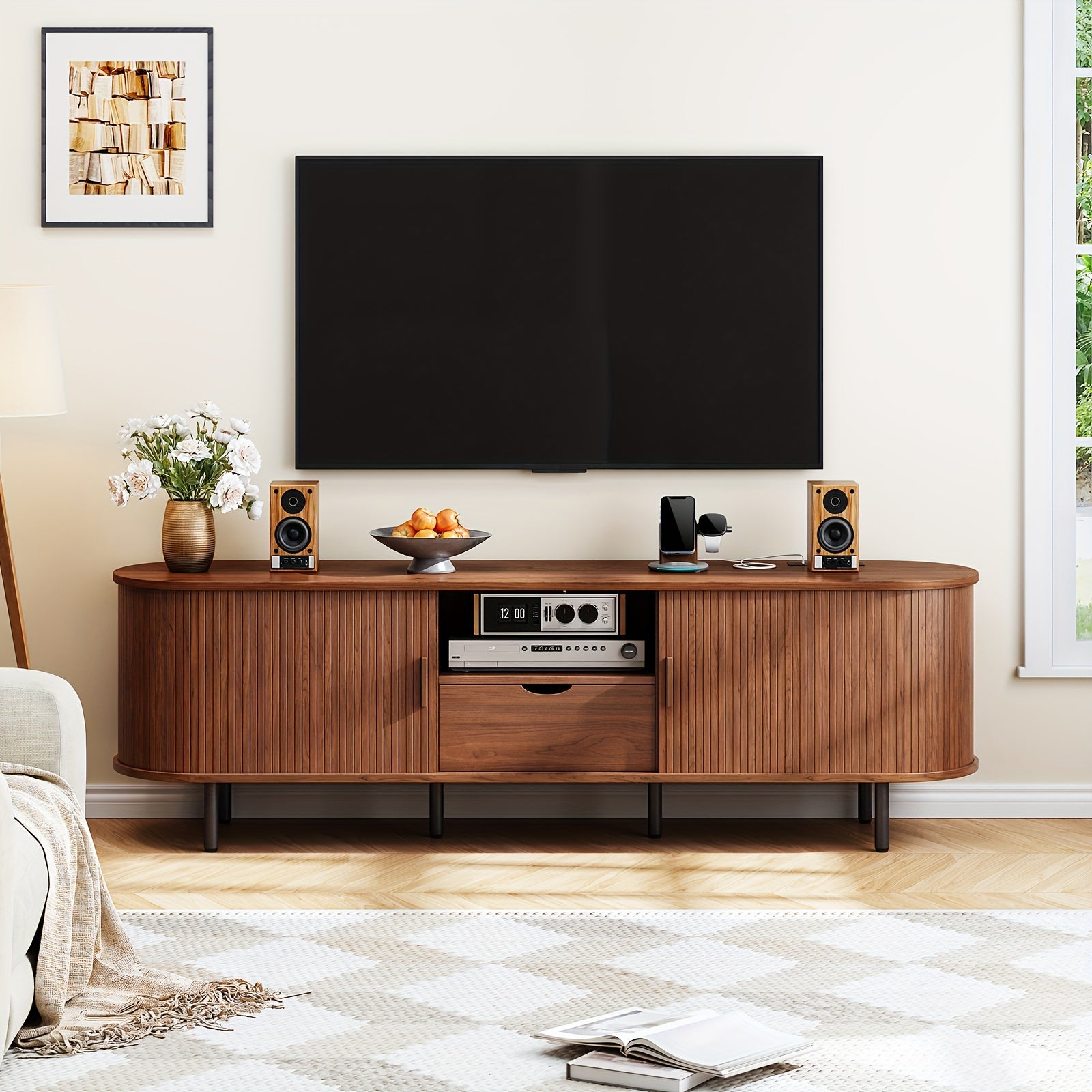 Festive 69" Walnut TV Stand with Power Outlets - Fits TVs Up to 80", Modern Media Entertainment Center with Storage, Drawers, Adjustable Shelves & Sliding Doors - Ideal for Holiday Living Room Decor, TV Console Table