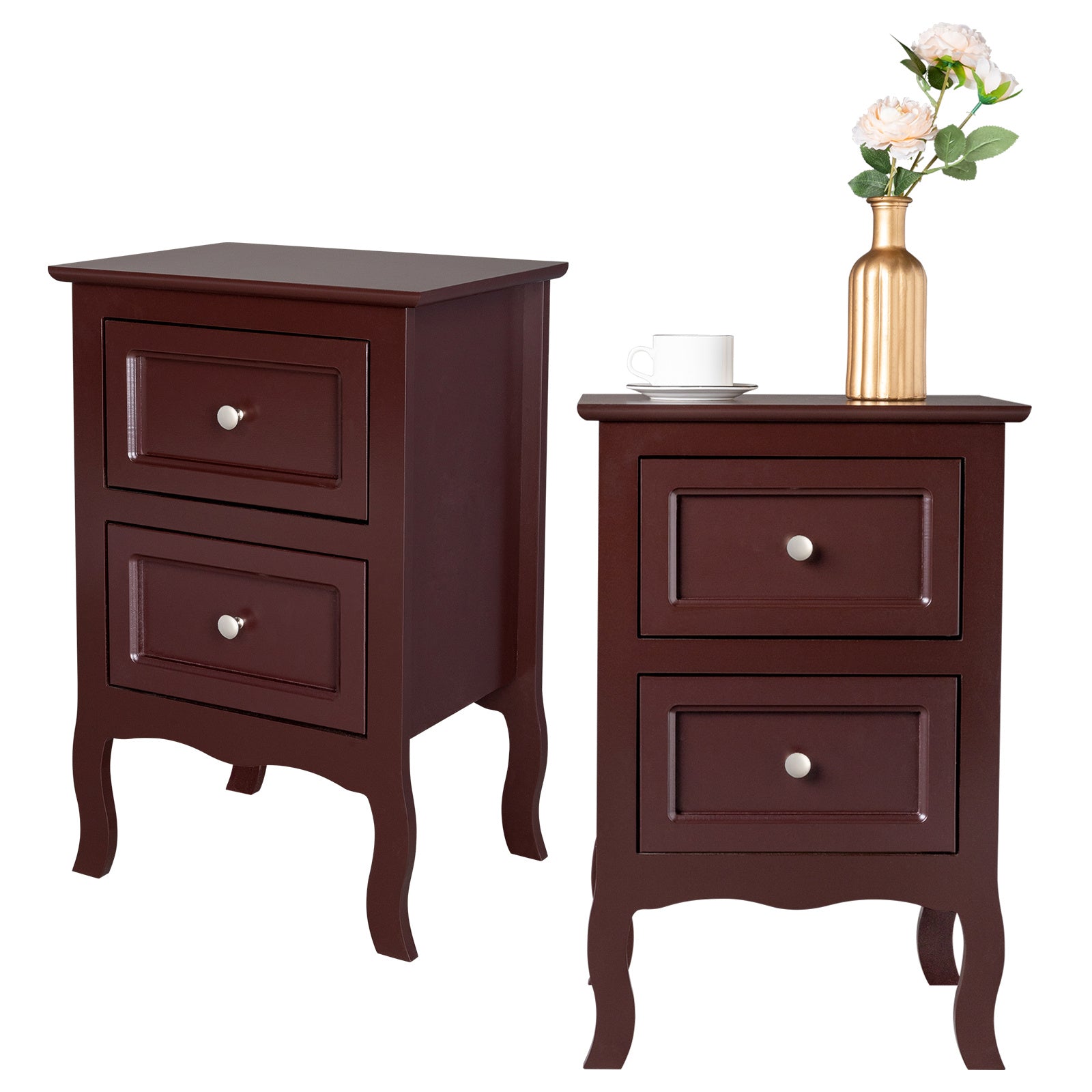 Brown Nightstand Set Of 2 for Bedroom, Vintage Small Night Stand with Drawers, Wooden End Tables with Curved Legs for Office, Farmhouse Side Table, Mid-Century