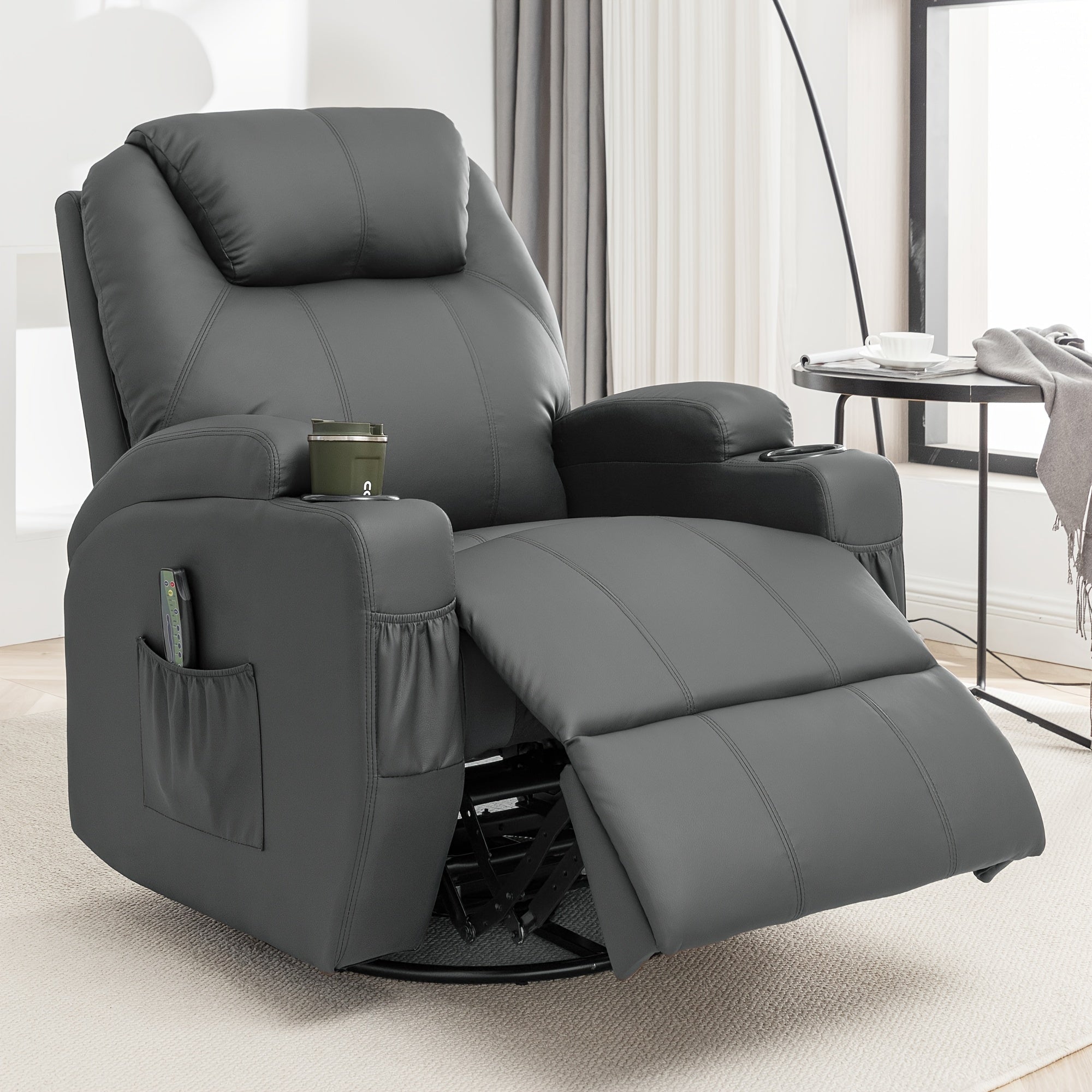 Luxurious Beige Faux Leather Recliner Chair with Heat & Vibration Massage | 360° Swivel Rocker, Side Pocket, Cup Holder | Ideal for Living Room, Bedroom, Conference Room | Powered by 110V/220V