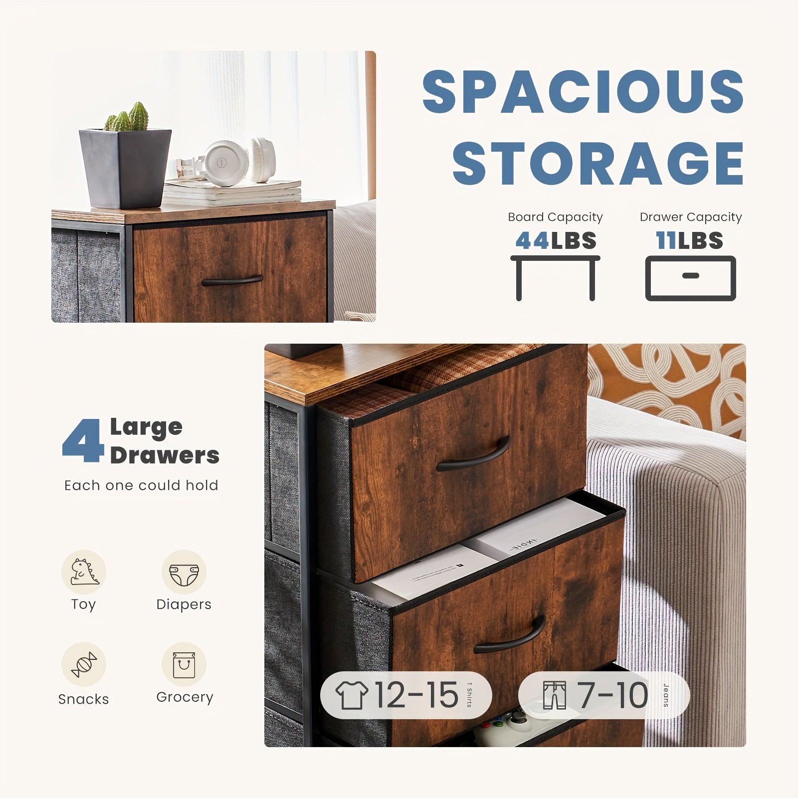 Dresser for Bedroom with 4 Drawers Fabric Closet Organizer Dresser with Metal Frame and Wood Tabletop Chest Storage