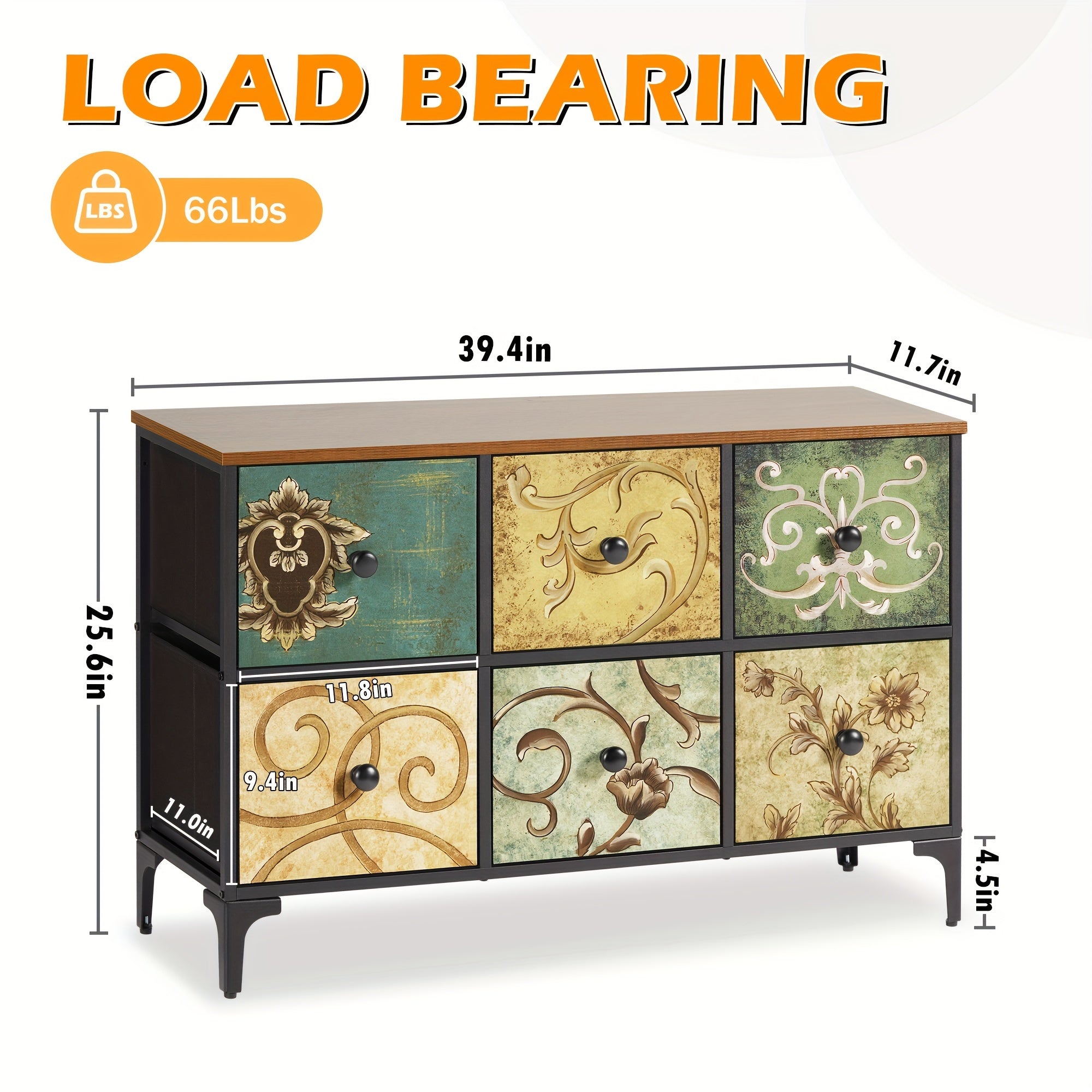 6 Drawer Dresser for Bedroom, Dresser for Closet, Sturdy Steel Frame, Wooden Top, 25.9'' H X 39.4'' W X 11.7'' D