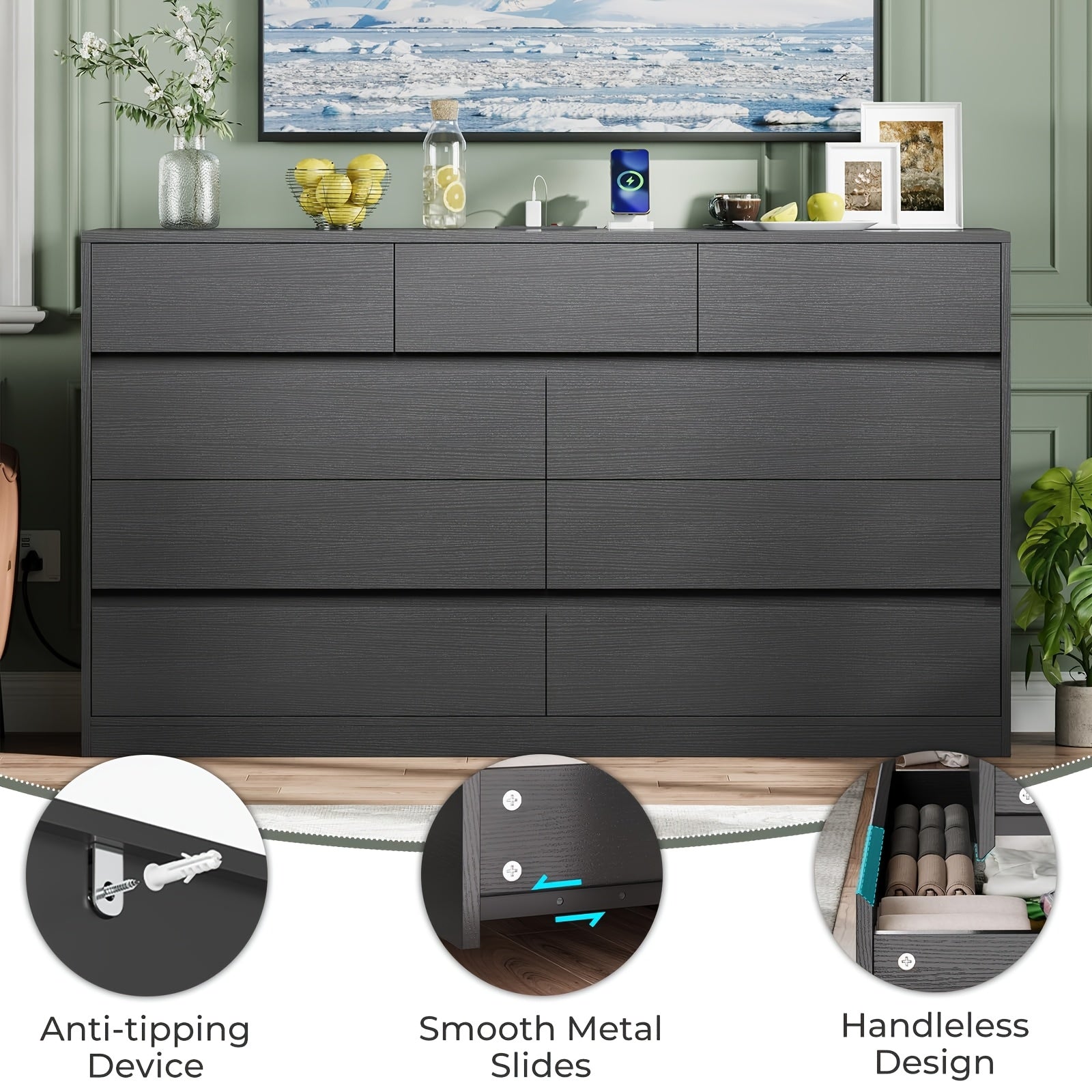 Black Vanity Dresser For Bedroom 140cm Long Dresser With 9 Drawers Dressers & Chest Of Drawers Handle Free Drawers