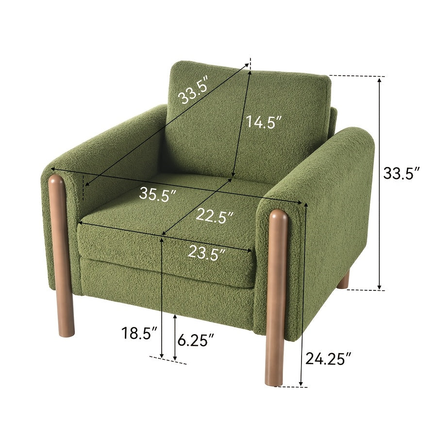 Luxurious Green Upholstered Accent Chair with Walnut Legs and Curved Armrest - Soft Cushioned Single Sofa for Living Room