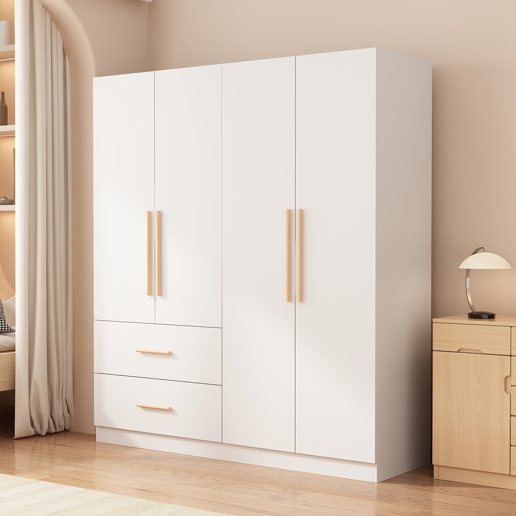 Wardrobe Armoire Wooden Closet with 4 Doors, 2 Drawers, 6 Storage Cubes and 2 Hanging Rods for Bedroom, Large Storage Space, Simple and Stylish, White