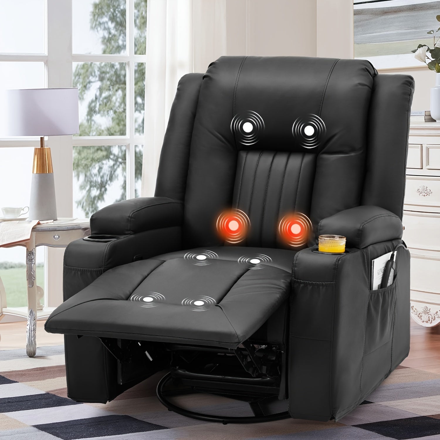 Massage Manual Recliner Chair With Heat, Leather Rocking Recliner Swivel Recliners Lazy Boy Recliner Chair W/ 2Side Pockages, 2 Cup Holders For Living Room, RV, Black