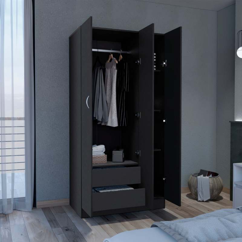 Spacious Black 3-Door Armoire Wardrobe with 2 Drawers - Durable Hardwood Construction, Modern Design, Easy Assembly, Ideal for Bedroom Storage, Bedroom Decor