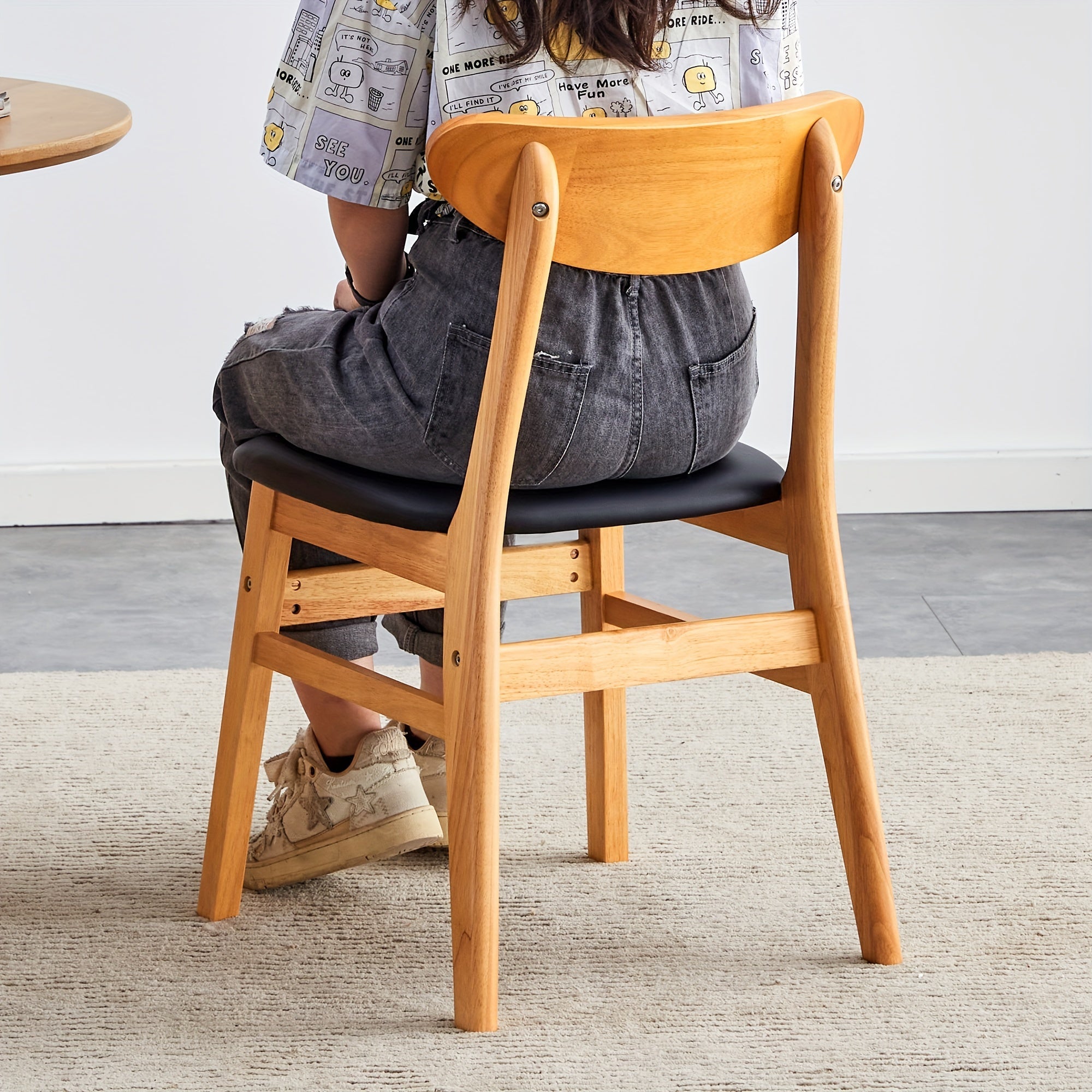 Set of 4 Elegant Oak & Walnut Wooden Dining Chairs with Faux Rattan Backrest, Comfortable PU+Foam Cushioned Seats - Mid-Century Modern Style, Durable & Sturdy for Kitchen, Living Room, Office