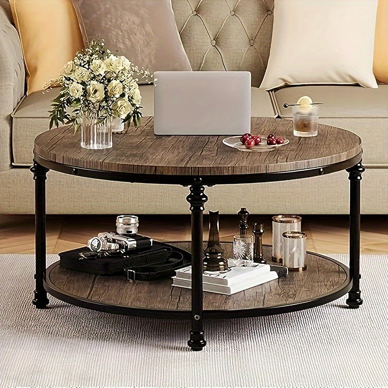 Elegant Vintage-Style Round Coffee Table with Storage Shelf - Sturdy Wood & Metal Legs, Easy Assembly, Waterproof MDF Top