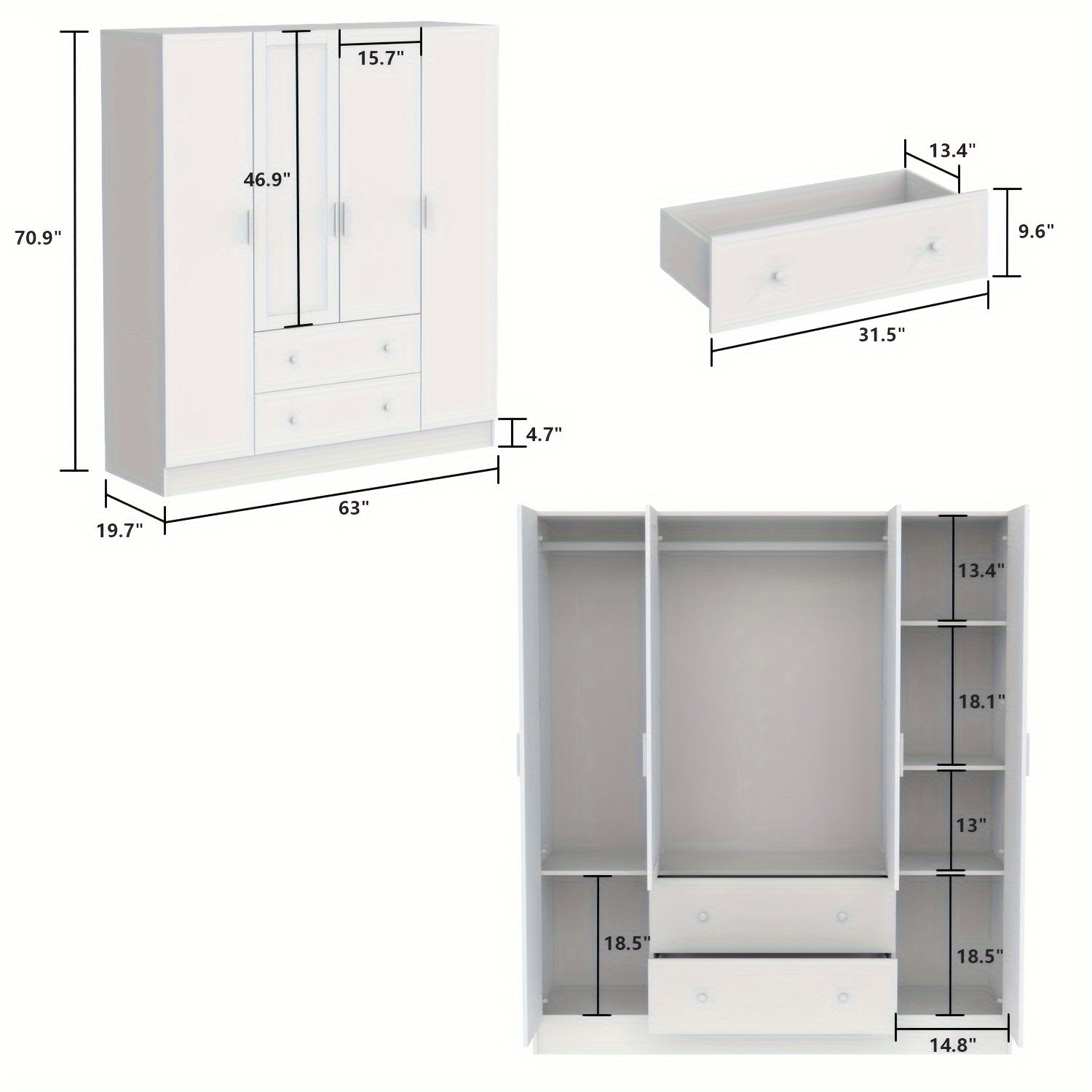 Large Wardrobe with Mirrors 4-Layer Shelves 2 Drawers 2 Hangers and 4 Cabinet Doors Modern Bedroom Storage Cabinet